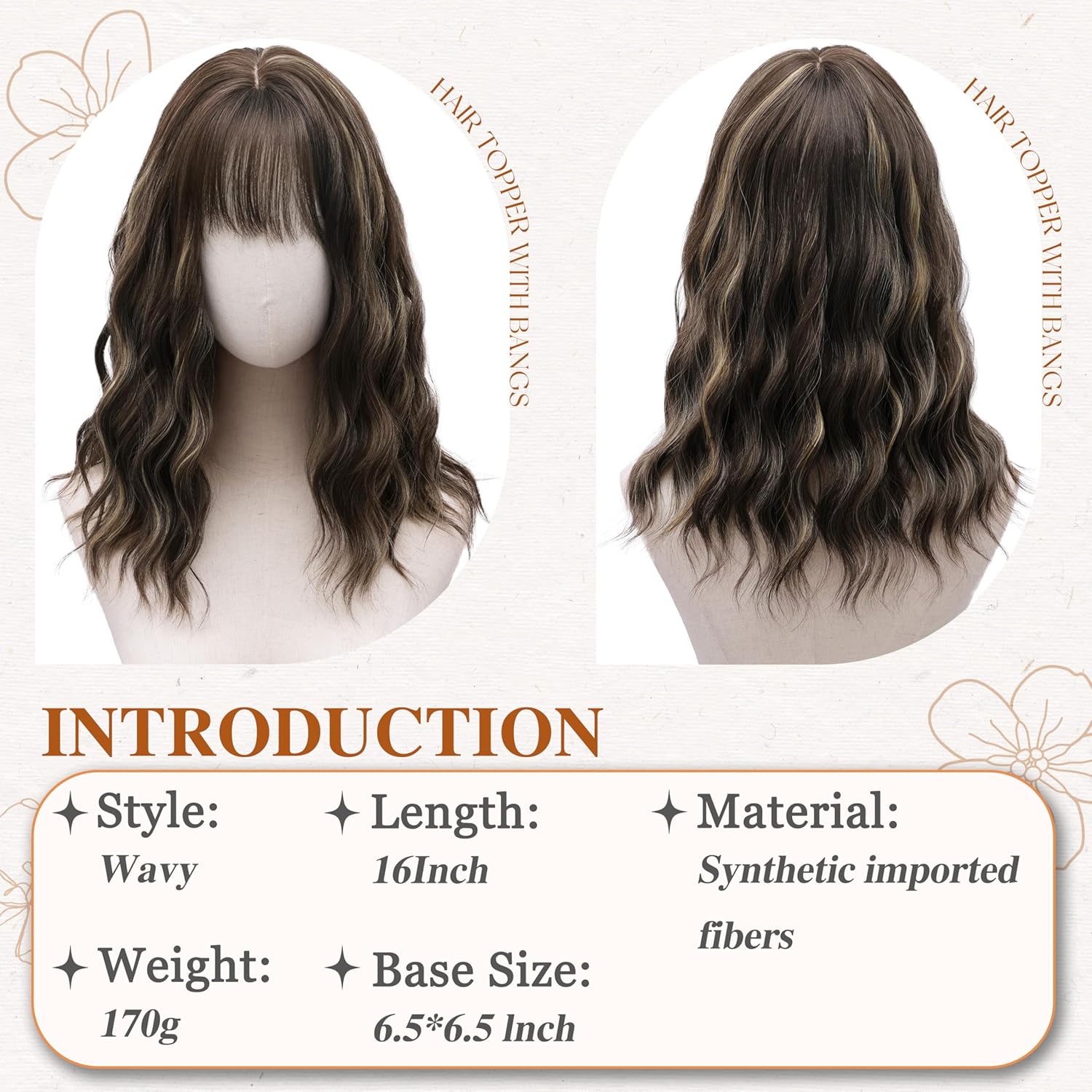 Hair Topper with Bangs 16 Inch Ash Brown with Highlights Synthetic Wavy Hair Toppers for Women 6.5"x6.5" Big Base Invisible Wiglets Hairpieces for Women Daily Wear