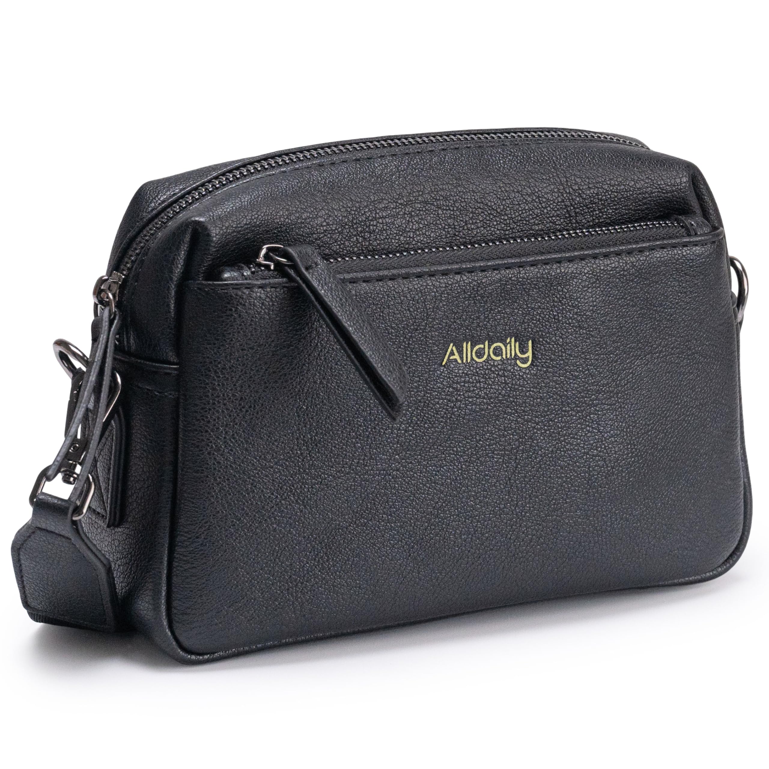 Alldaily Small Triple Zip Crossbody Purse for Women Vegan Leather Phone Bag with Wide Shoulder Strap