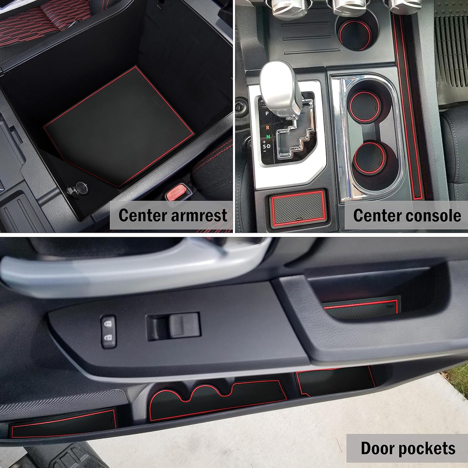 SENSHINE Custom Liners for Toyota Tundra Accessories 2014-2020 2021 Cup Holder Inserts, Center Console Liner Mats, Door Pocket Liners 27Pcs (Bucket Seat, Red Trim)