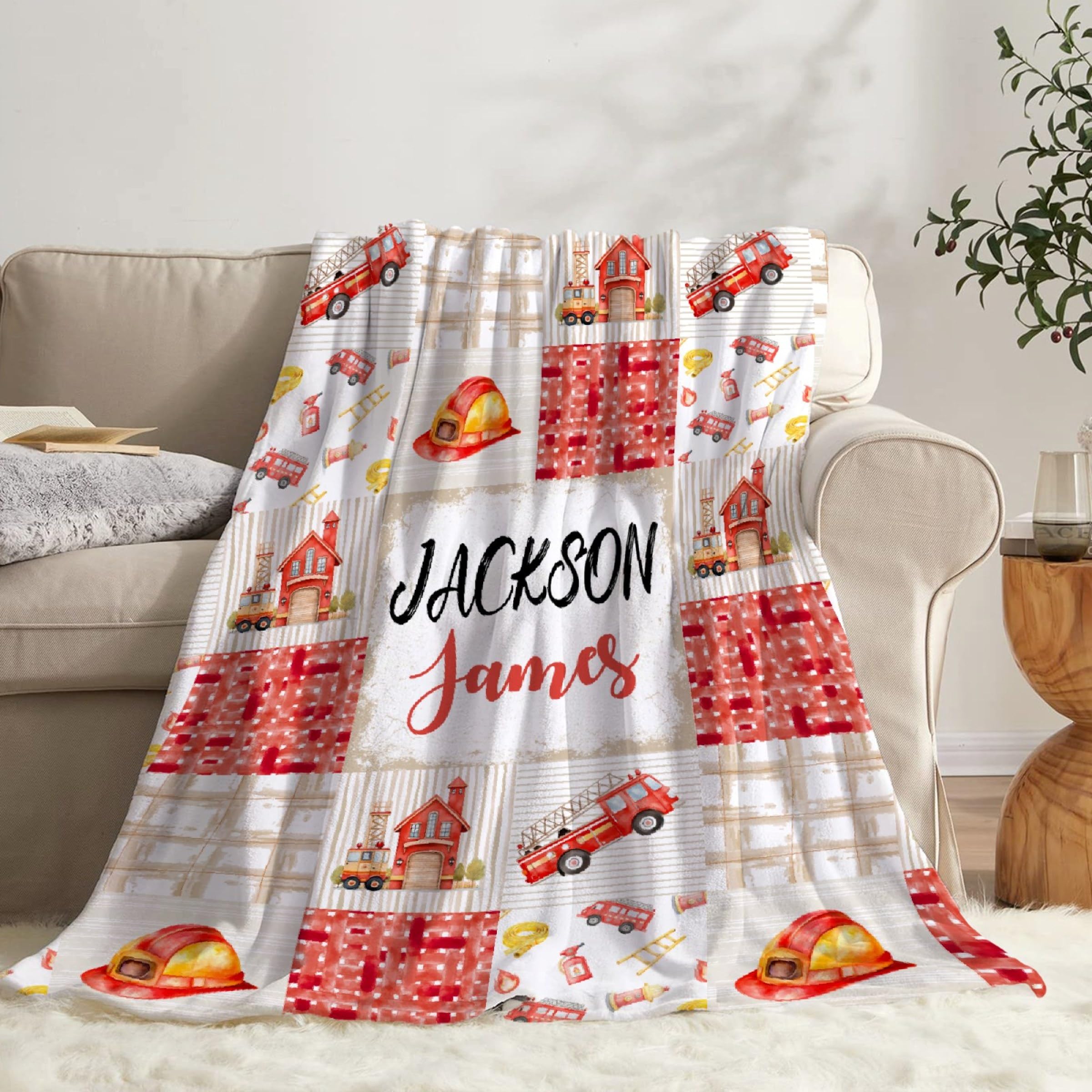 Fire Trucks Firefighter Custom Blanket Gifts Personalized Fire Trucks Throw Blankets for Boys Girls Super Soft Fleece Flannel Air Conditioning Blanket for Couch Bed 60x50 in for Teen
