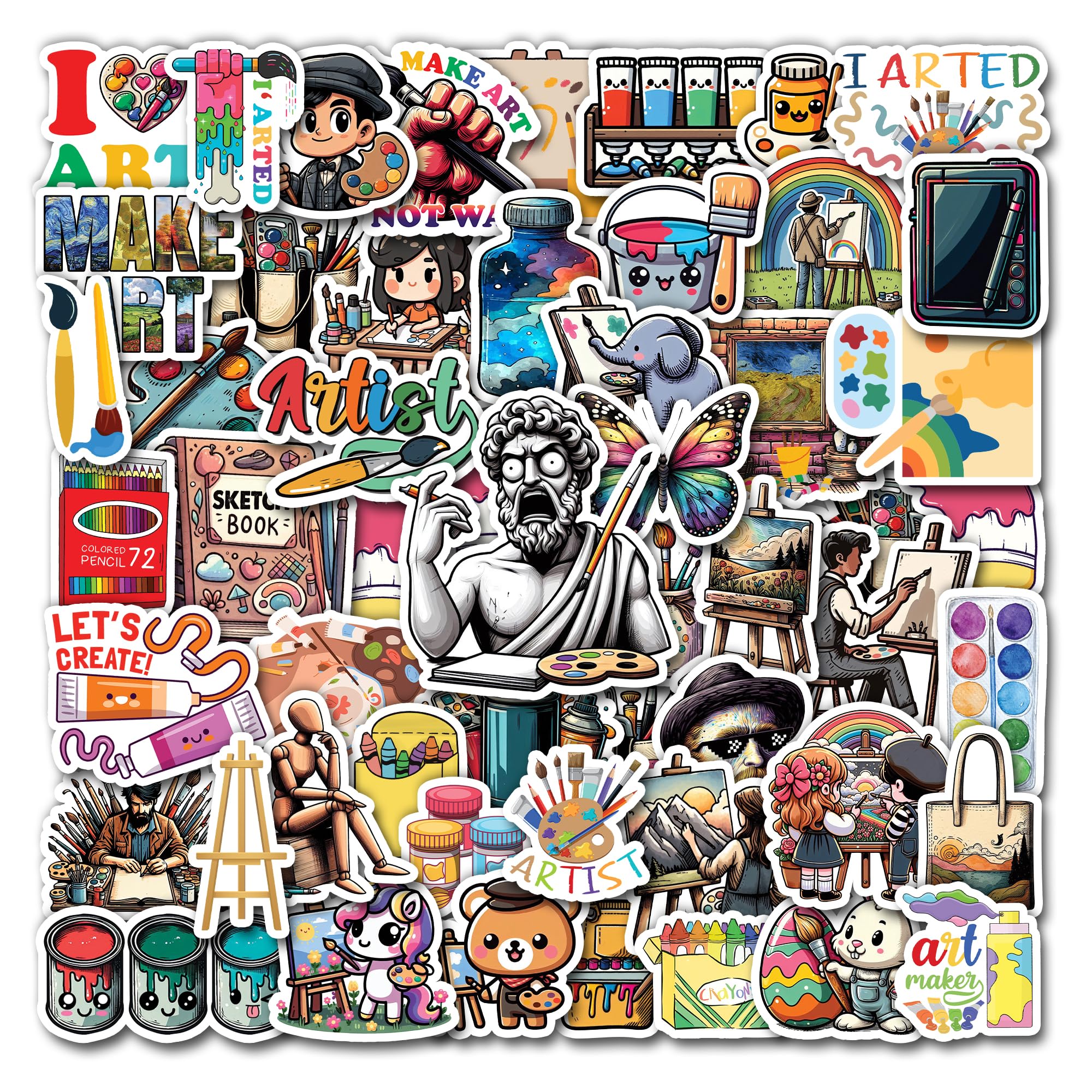Pack 50 PCS Drawing Art Painting Stickers Aesthetic Cute Waterproof Vinyl Decals Small Bulk Set Decor Scrapbook Journals Water Bottles Laptop Suitcases for Teens Adults Girls Boys