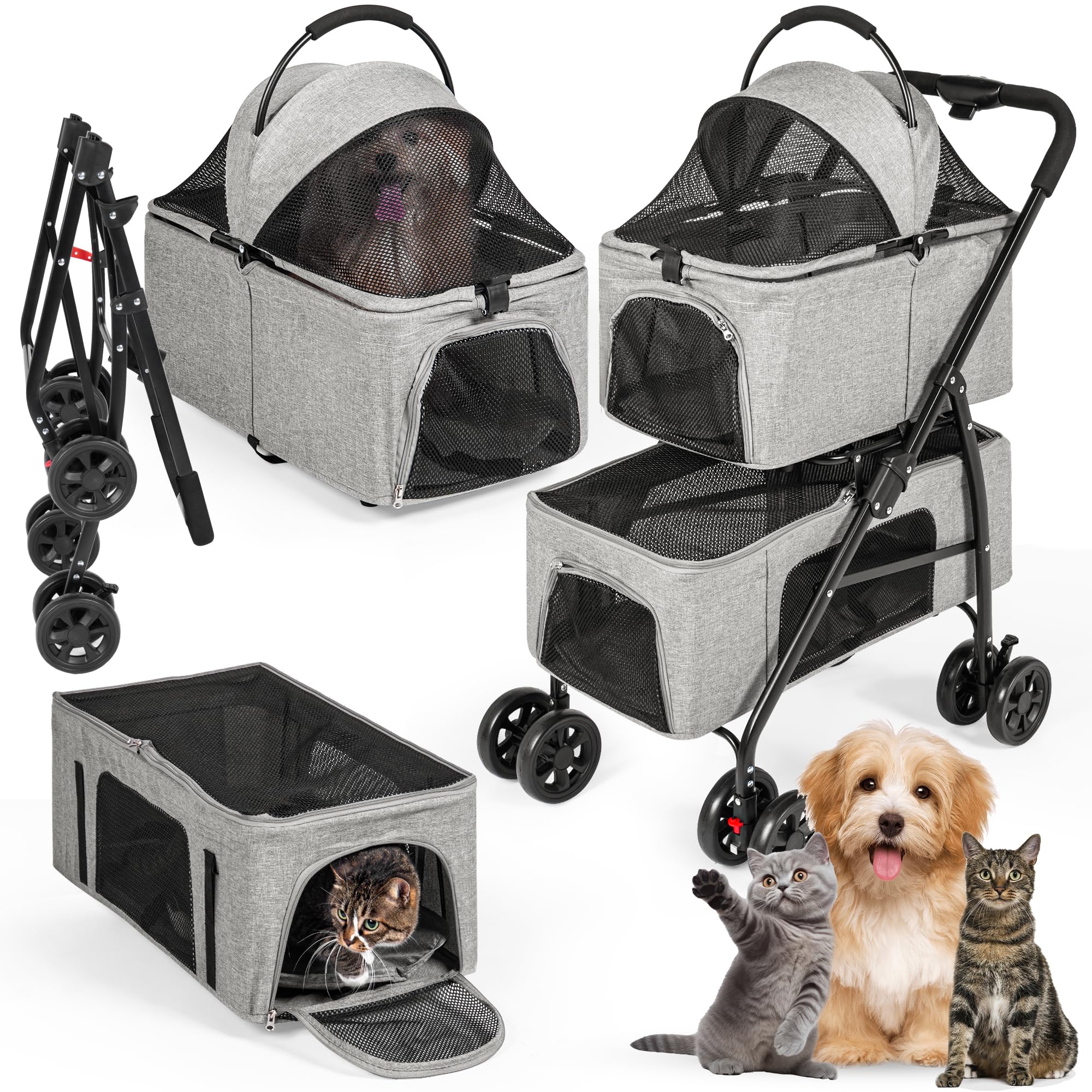 Detachable Pet Double Stroller with 4 Rolling Casters for 2 Pets – Lightweight Multifunctional Travel Stroller with Mesh Windows, Cup Holder, Sun Shades & Storage Pocket for Puppy and Kitty ( USED)