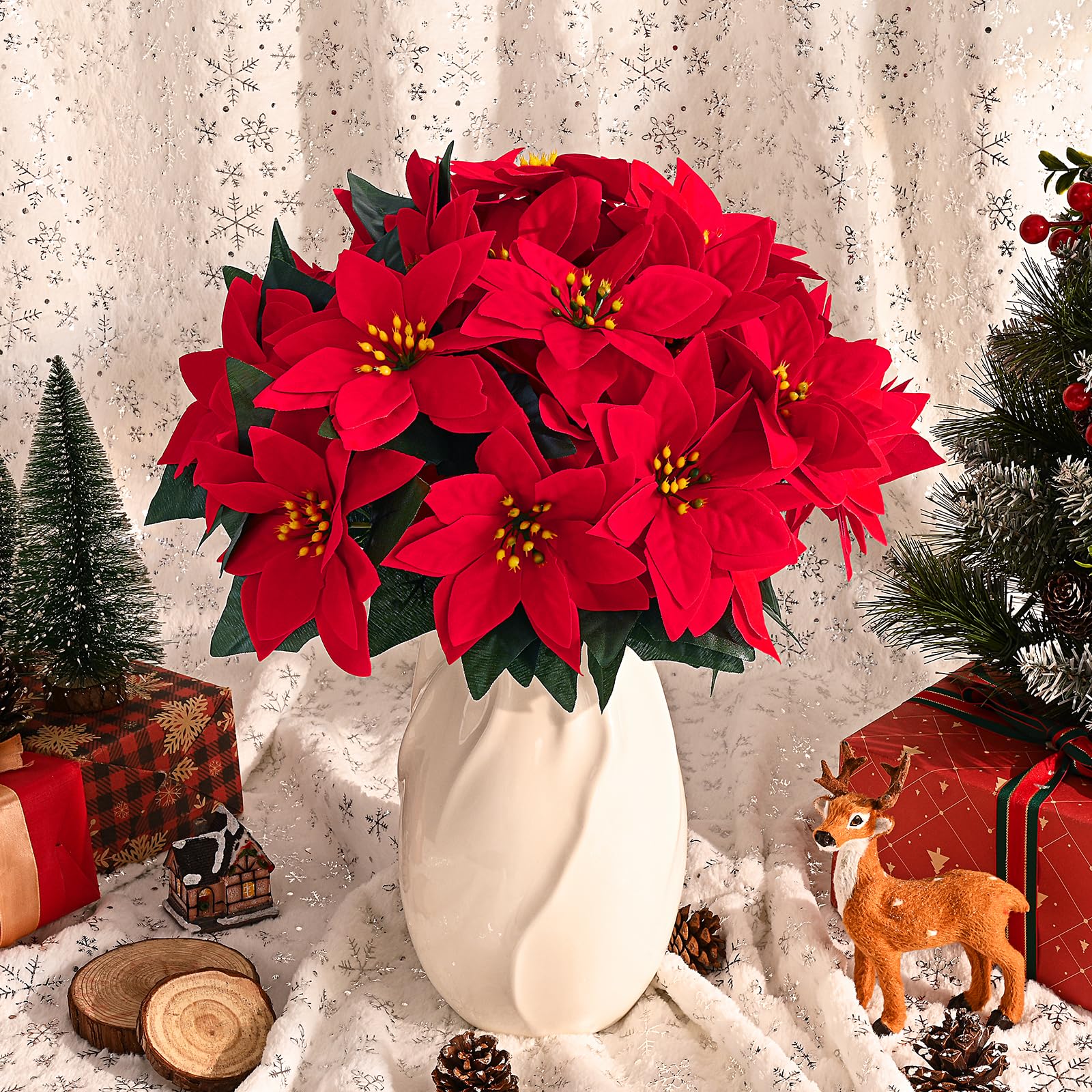 MARTINE MALL Paquete de 6 flores artificiales de Pascua con 7 cabezas, decoración de Navidad, ramo de flor de Pascua de terciopelo para árbol de Navidad, porche, hogar, jardín, decoración interior y