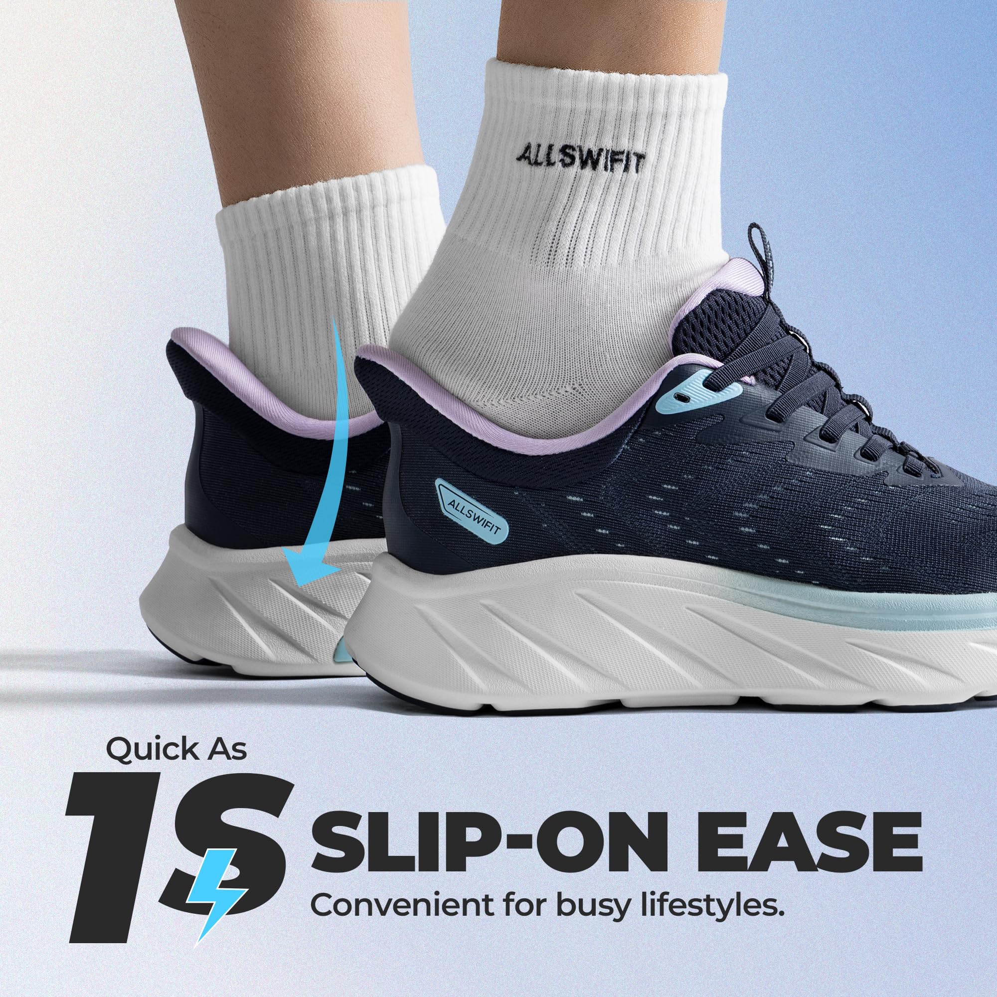 ALLSWIFIT Damskie wsuwane stabilne buty do biegania bez użycia rąk tenis antypoślizgowe wygodne trening siłownia oddychające lekkie modne trampki StediBase, granatowy, 39.5 EU