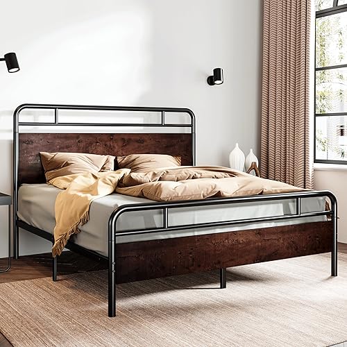 Miniatura 3 de SHA CERLIN Queen Size Bed Frame with Wooden Headboard and Footboard, Rounded Corner Metal Structure, Heavy Duty Slats with Under-Bed Storage, No Box