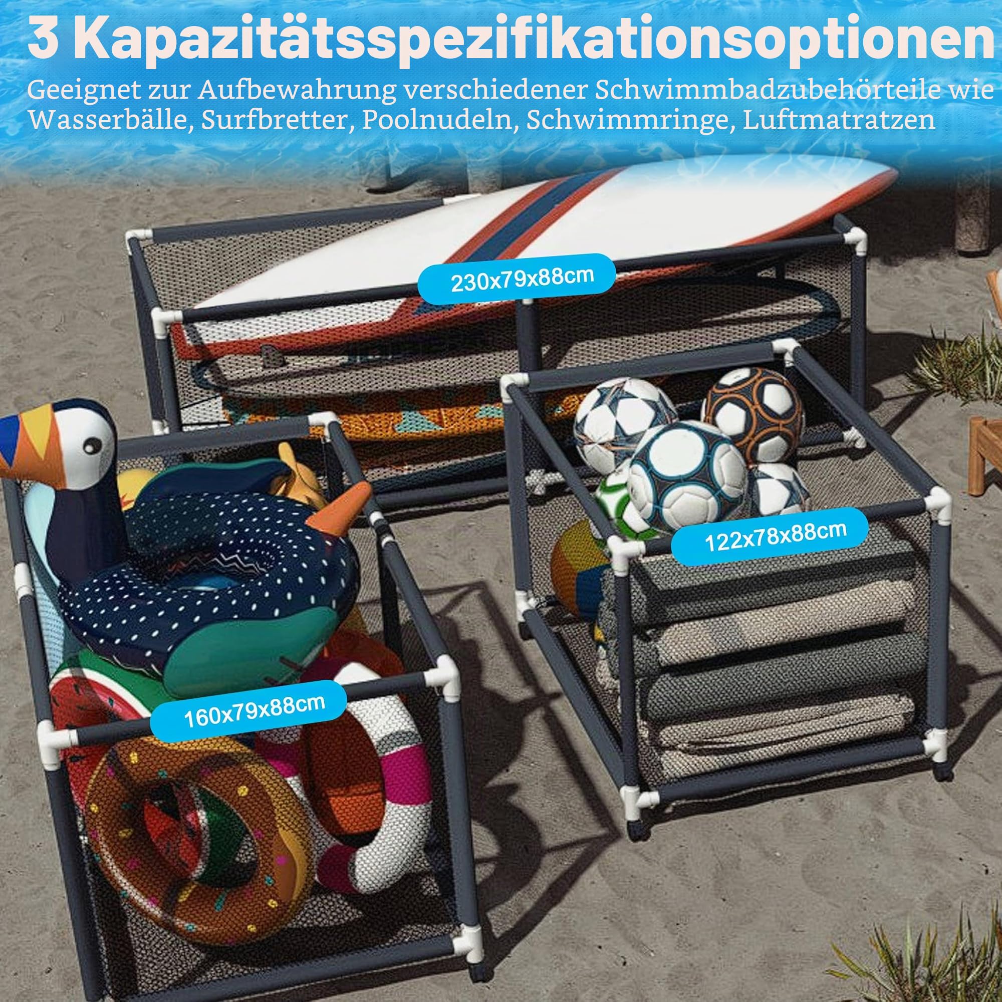 FIVMEN Pool-Aufbewahrungsbehälter mit Rolle Nudelhalter Aufbewahrungswagen mit Nylon-Netz Große Kapazität Organizer für Nudeln Spielzeug Schwimmring Handtücher, 122x78x88 cm