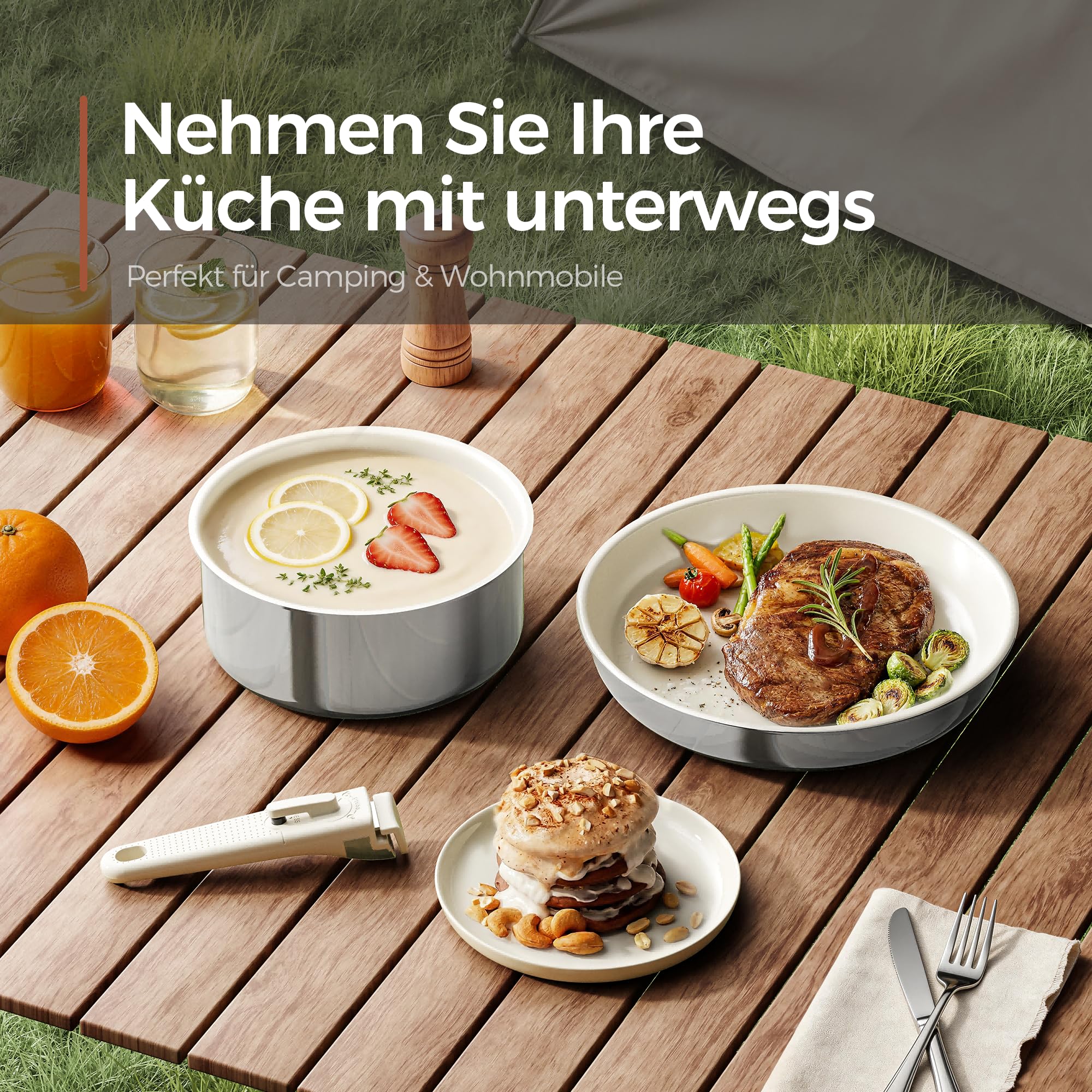 5-Teiliges Antihaft Keramik Pfannenset mit Abnehmbarem Griff, 3-Schichtiger Edelstahl Topf Set-PTFE/PFAS/PFOA frei, Töpfe Induktion, Platzsparendes Kochgeschirr, Backofen & Spülmaschinenfest