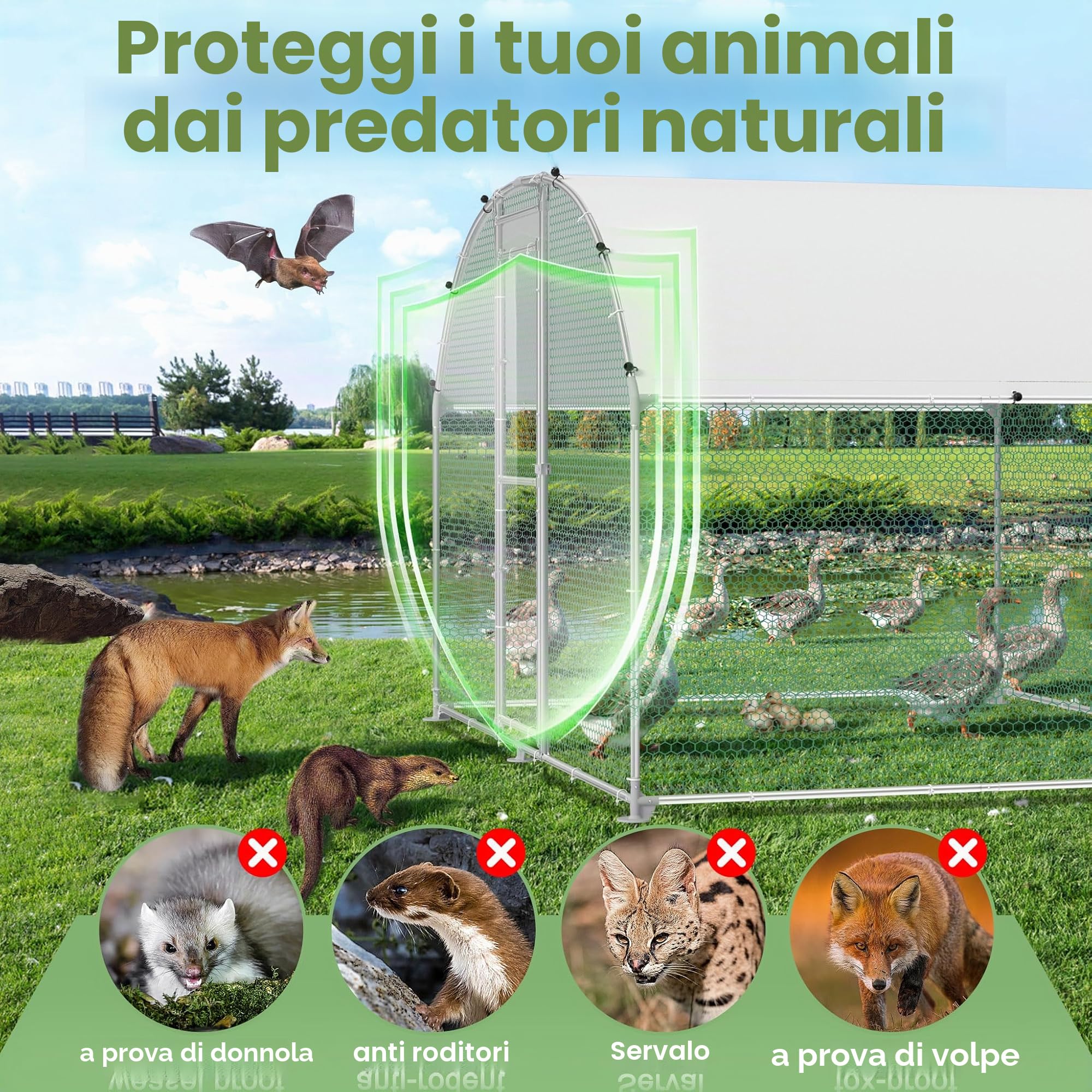 Gabbia per animali domestici con recinto per galline in metallo zincato 3x8 m, resistente all'inverno, con tetto protettivo dal sole e serratura, recinto per piccoli animali, pollame, piante