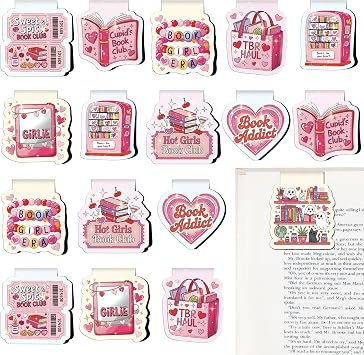 Cute Bookish Magnetic Bookmarks - 18 Pcs Pink Girly Book Marks Gifts Magnet Bulk Funny Page Marker Clip for Reading Lovers Women Girls Readers Students Teachers School Birthday Accessories