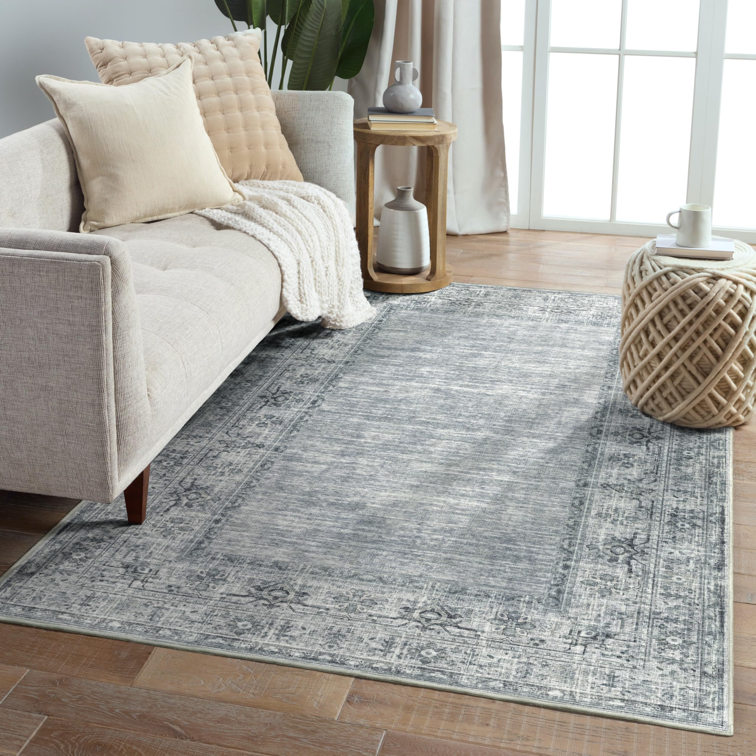 Nuomeijia Vintage Bordered Area Rug, Grey 5x7 Washable Living Room Rug Non Slip, Thin Bedroom Rug Farmhouse Retro Accent Throw Rugs for Bedroom Dining