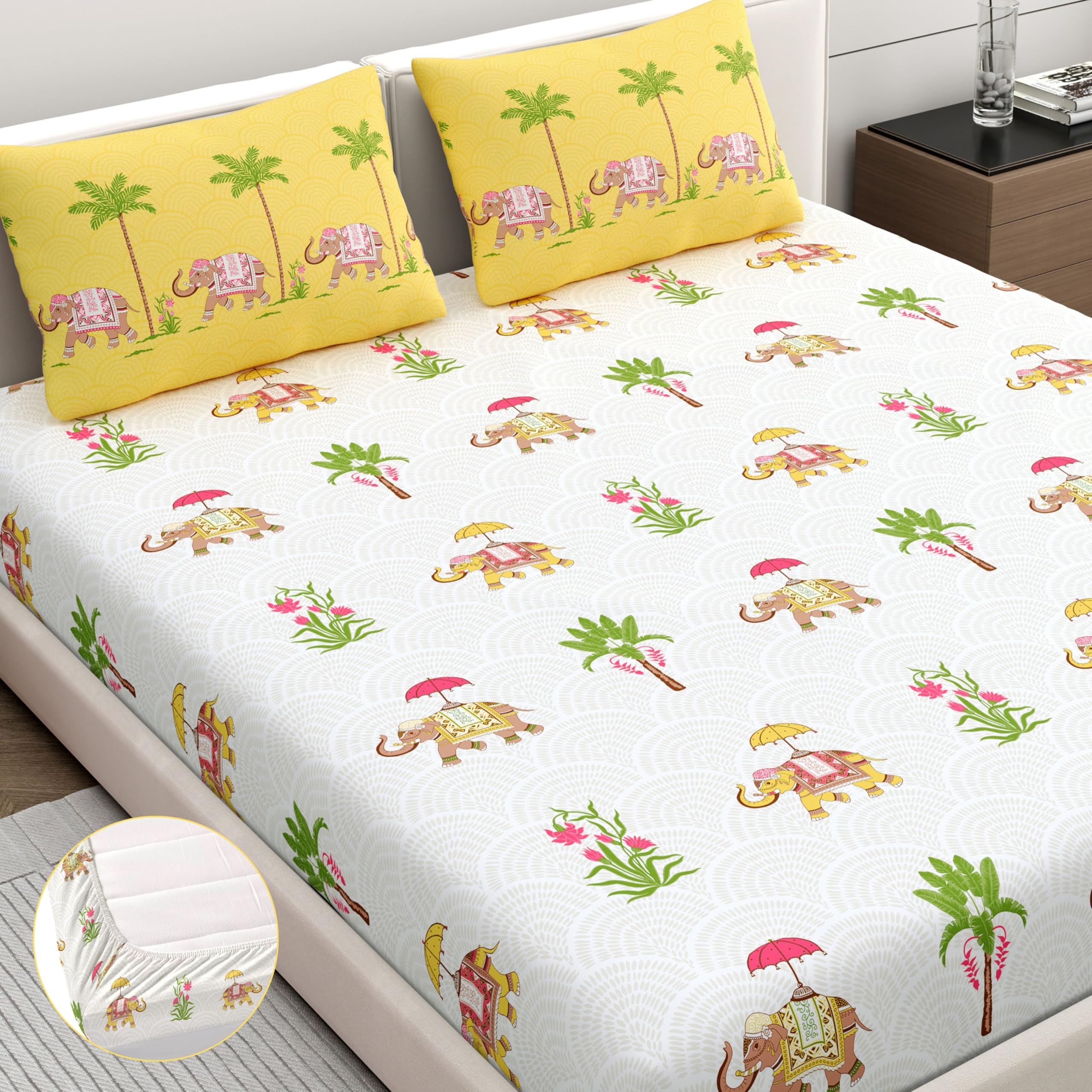 Home Ecstasy 100% Cotton Fitted Bedsheet for King Bed, 140TC, 1 Bed Sheet (Size 72 x 78 inches + 12 inches Pocket) with 2 Pillow Covers, Yellow-image-39