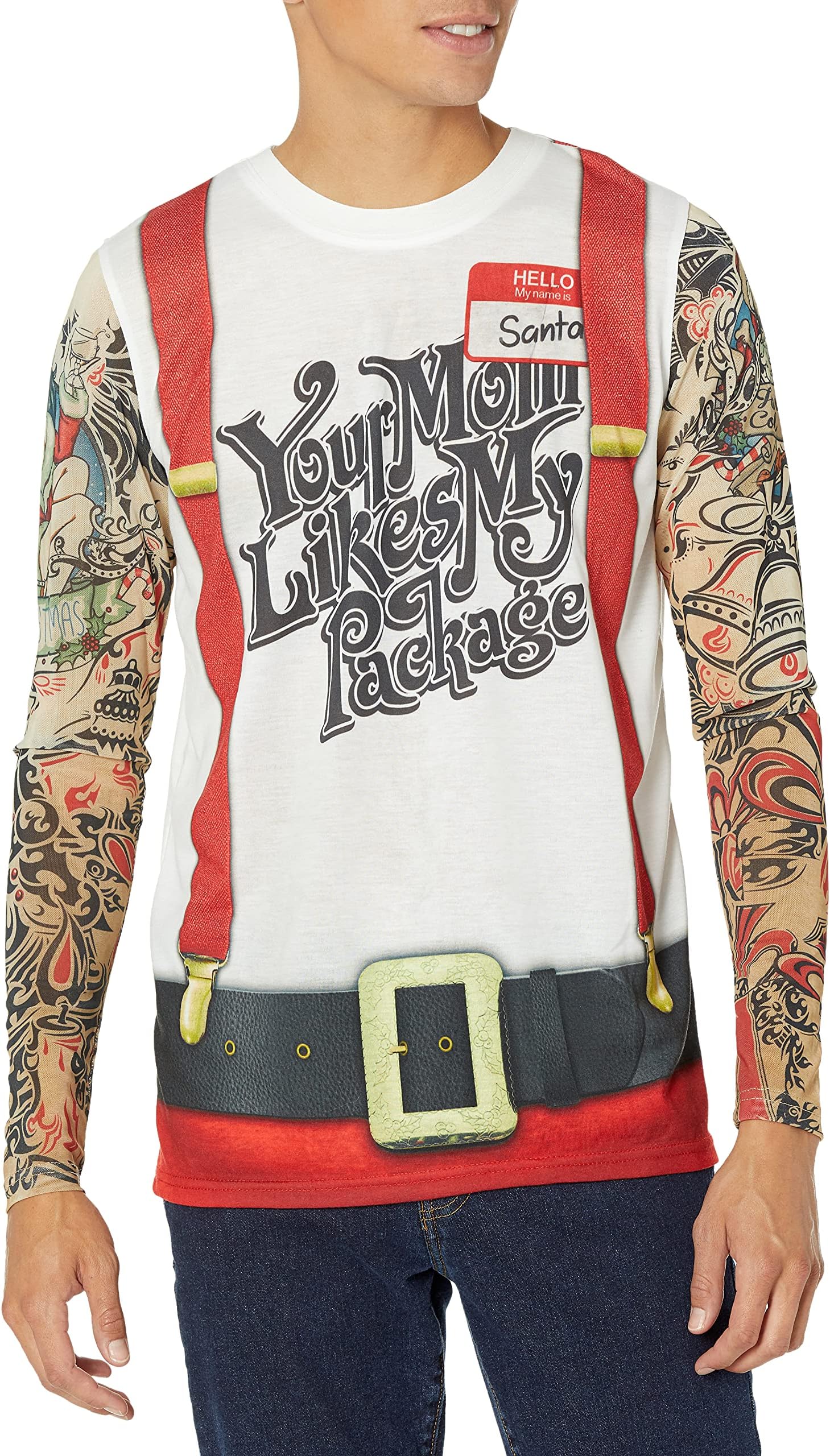 Men's Xmas Stripe Overalls & Tattoos Printed Long Sleeve T-Shirt