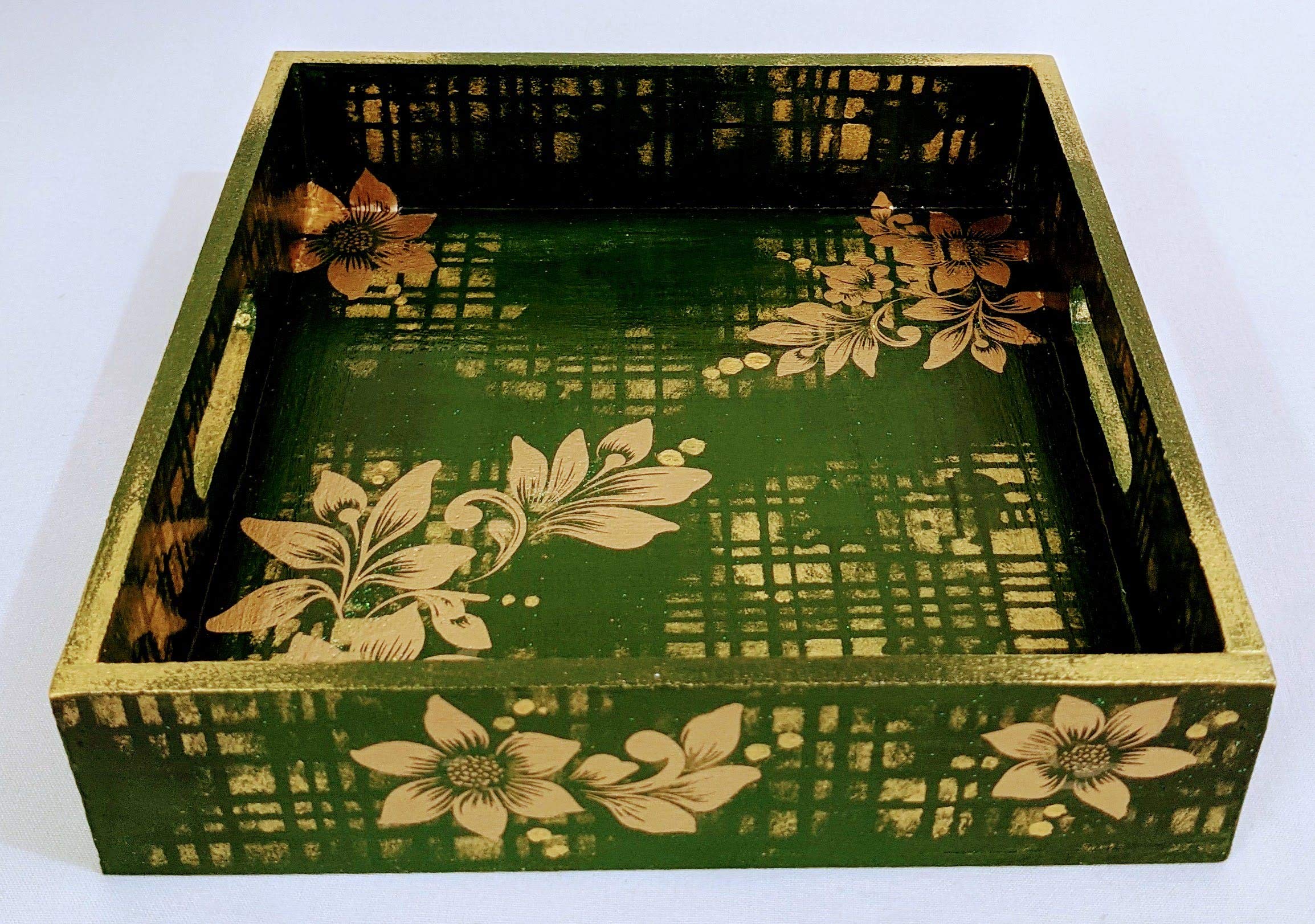 Anupma Creations - Flowers & Checks Design - Handmade Designer Tray with Serving Handles/Multipurpose Organiser - Material MDF Wood and Green with Gold - 8" Lx7.5 Wx2 H