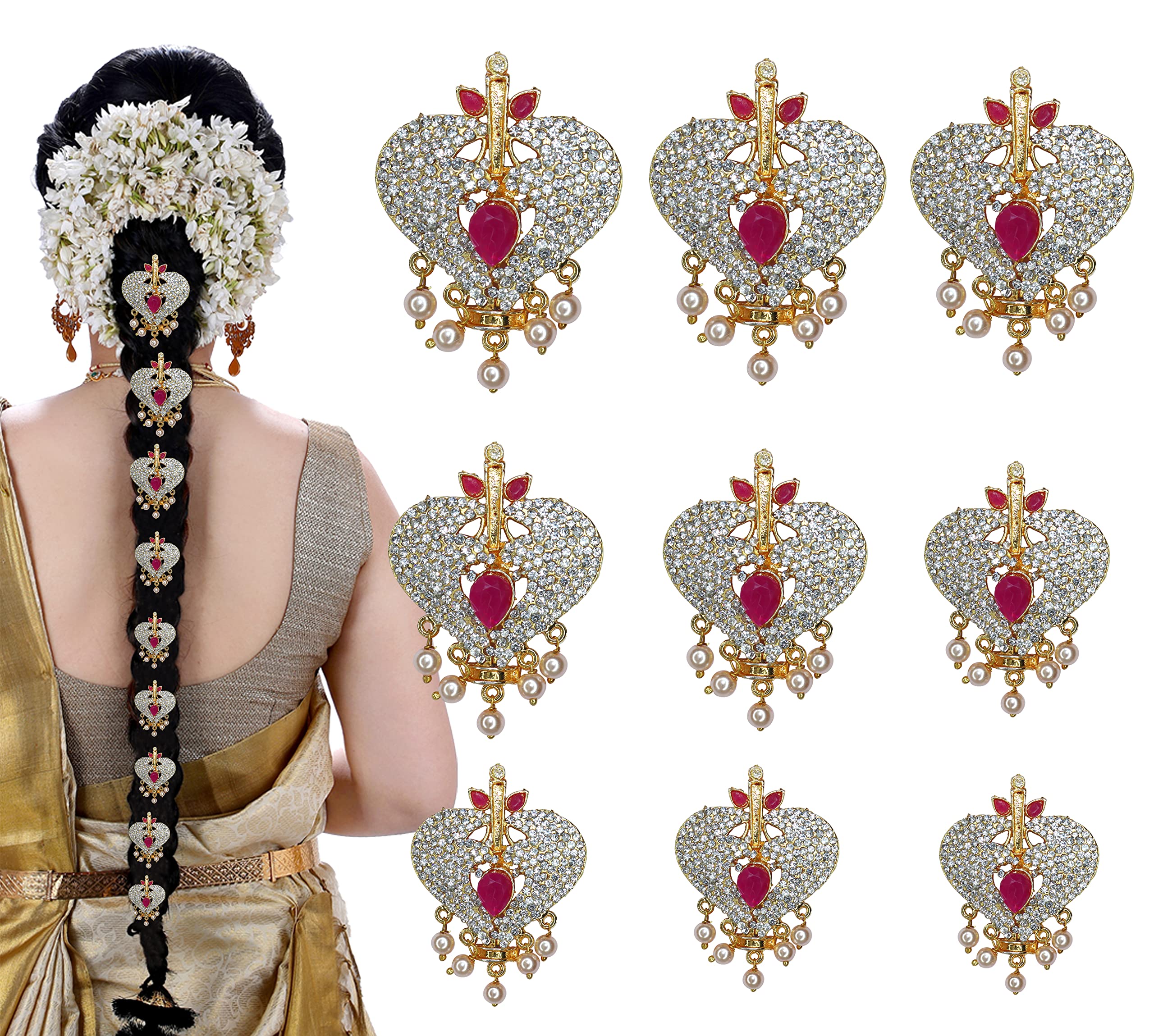 STYLEDOSE Southern Bling Hair Jewelry Choti Jadai Billai Indian Hair pin Hair Decoration, Hair Brooch with Hook Wedding Bridal Jewellery for Women-9 Piece (nNew05)