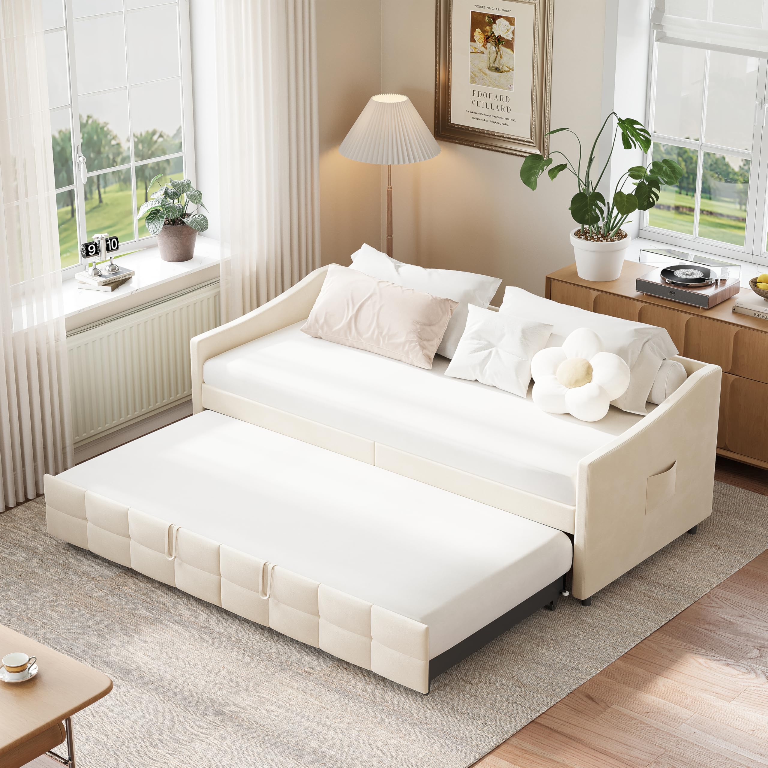 PerGar Sofá cama 90/180 x 200 cm, cama extensible con somier de láminas de madera, sofá cama con cajón, cama nido, cama individual/doble, cama multifunción, franela, sin colchón (color crema)