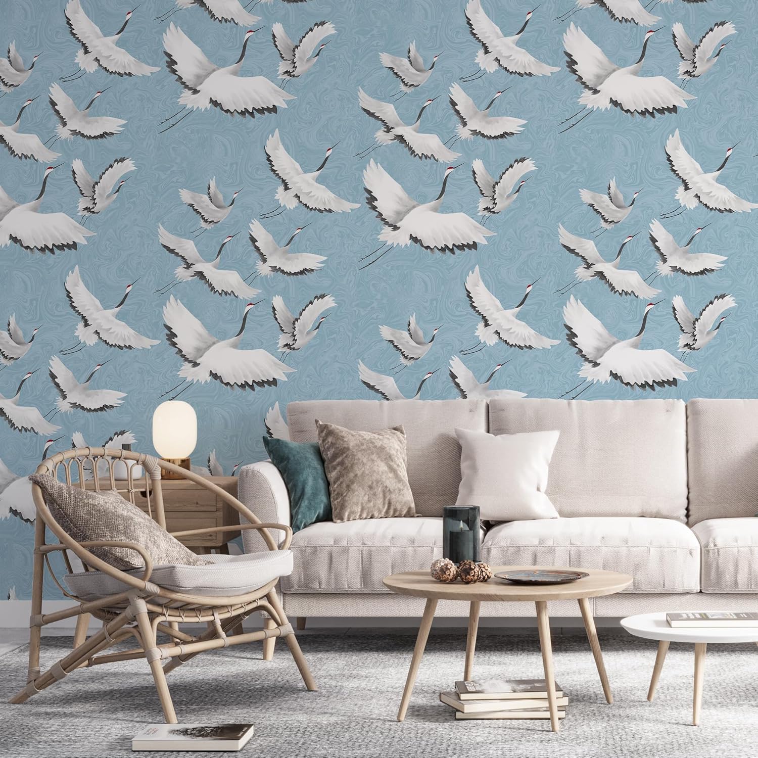 Peel and Stick Wallpaper for Home Decoration Kitchen White Crane Blue Wallpaper Removable Vinyl Self Adhesive Shelf Paper & Drawer Liner Roll House, Workshop & Office 17.3" x 118" TH8096-3