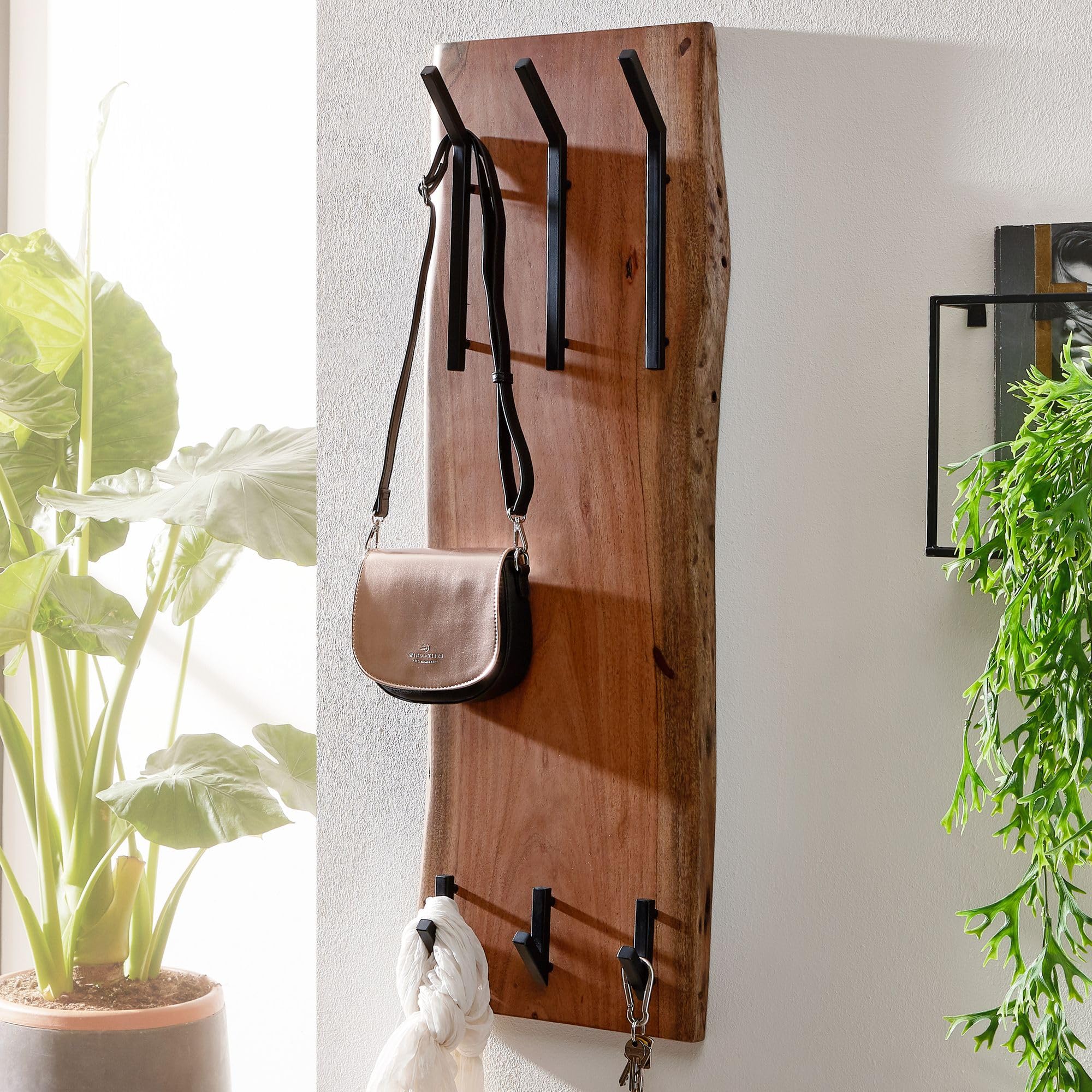 FineBuy Wandgarderobe 35,5x11x100 cm Akazie Massivholz mit Baumkante | Garderobenpaneel mit 6 massiven Kleiderhaken auf 2 Höhen, Garderobenleiste aus Echtholz, handgefertigt
