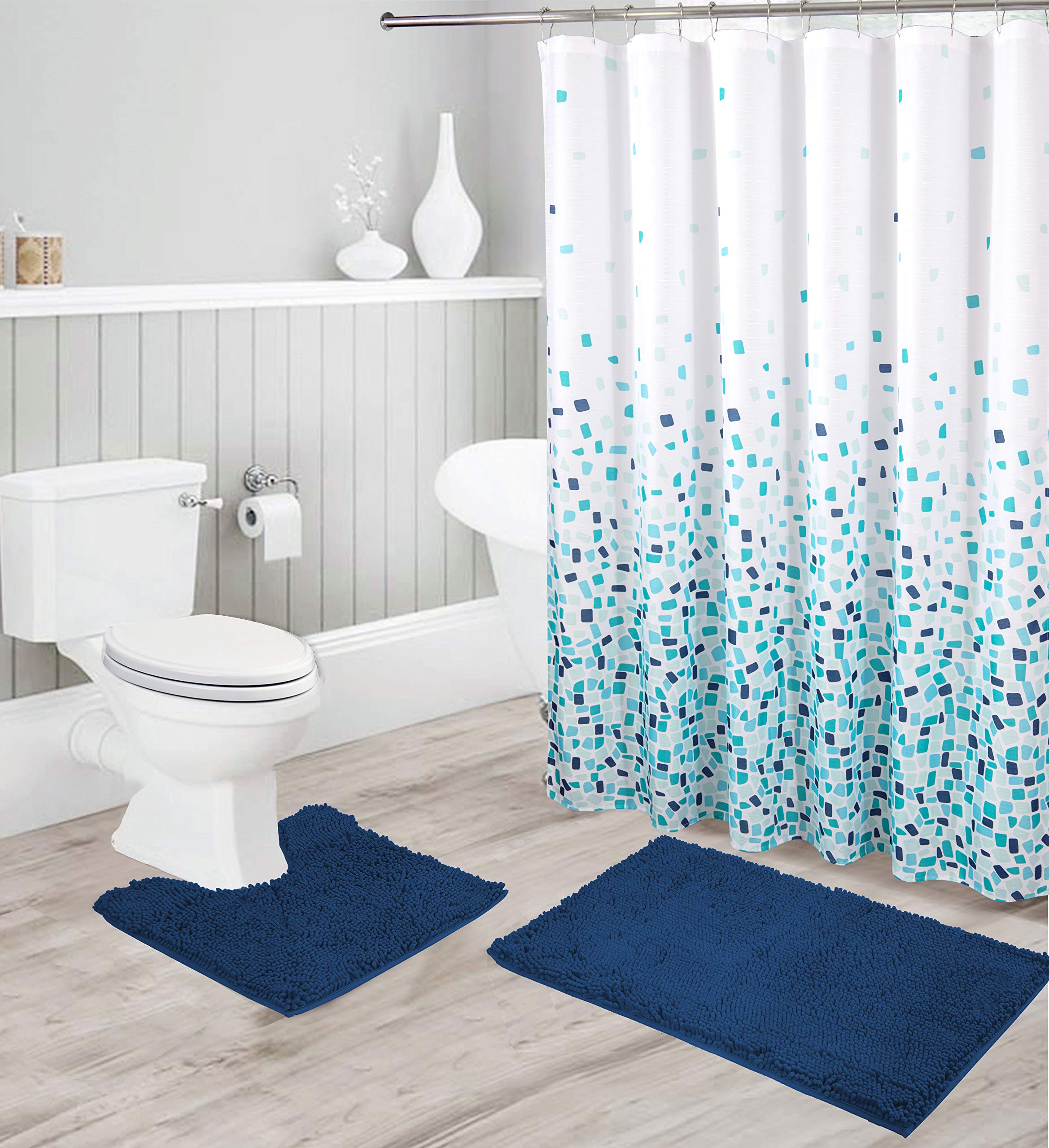 Chenille Soft Rug Anti-Slip Bath Set Includes Bath Mat, Contour Mat, Shower Curtain and Stainless Steel Roller Ball Hooks New # Jasmine (Navy Blue)