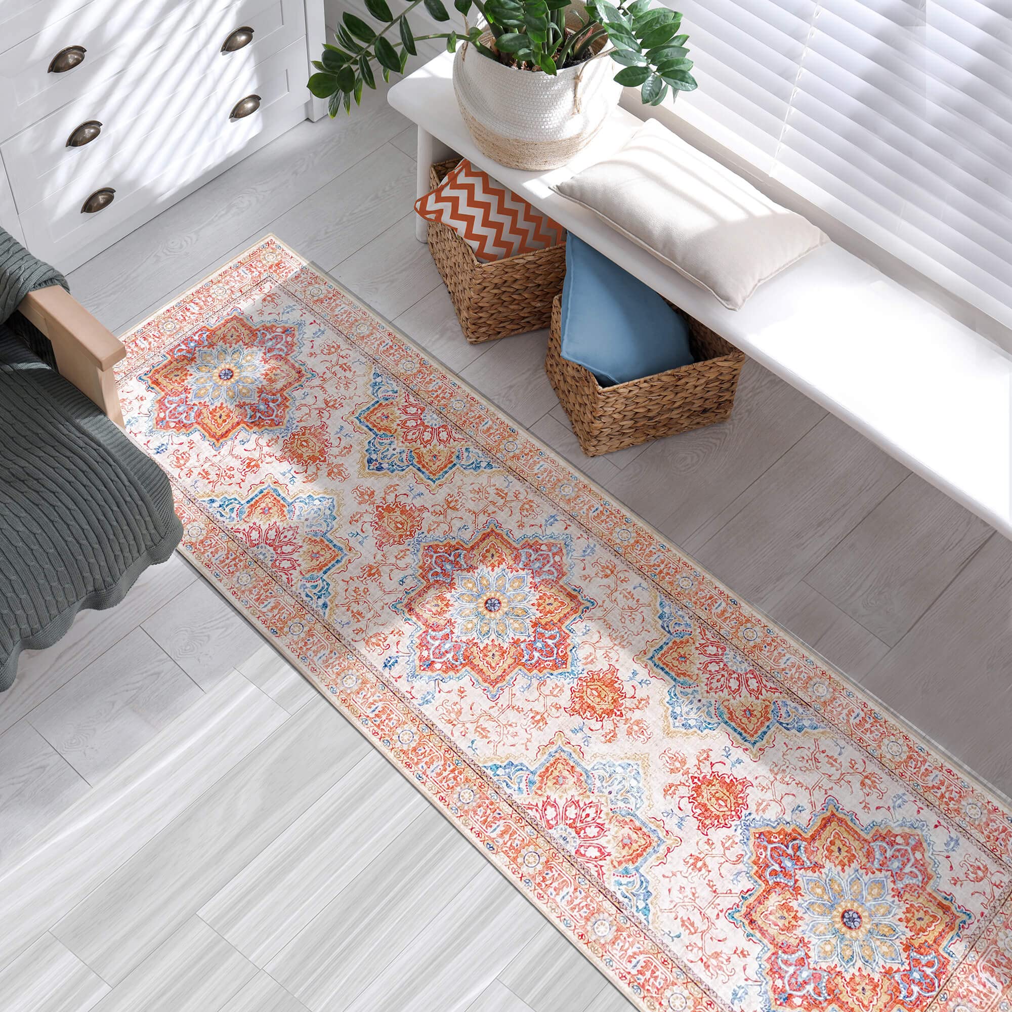 Vernal Machine Washable Non Slip Area Runner Rug High Traffic Non-Shedding Rugs for Kitchen Floor, Hallway, Bedside, Runners Peoria Persian Design 2.6 X 8 Feet Orange/Blue/Cream