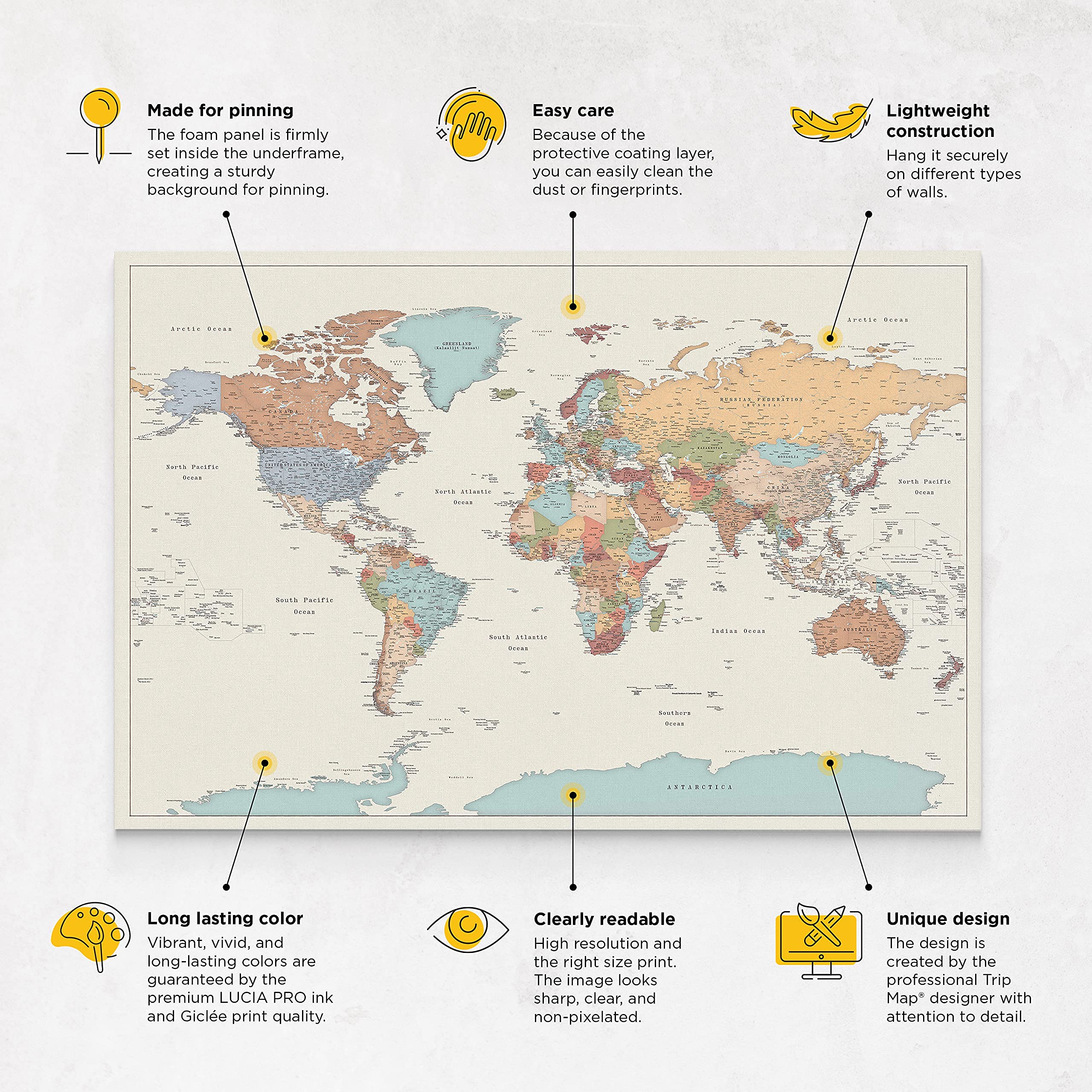 Trip Map Planisfero da Parete - Dettagliato Cartina Geografica Del Mondo con Puntine - Stampa su Tela - Diario di Viaggio - 3 Dimensioni: Media/Grande/Gigante