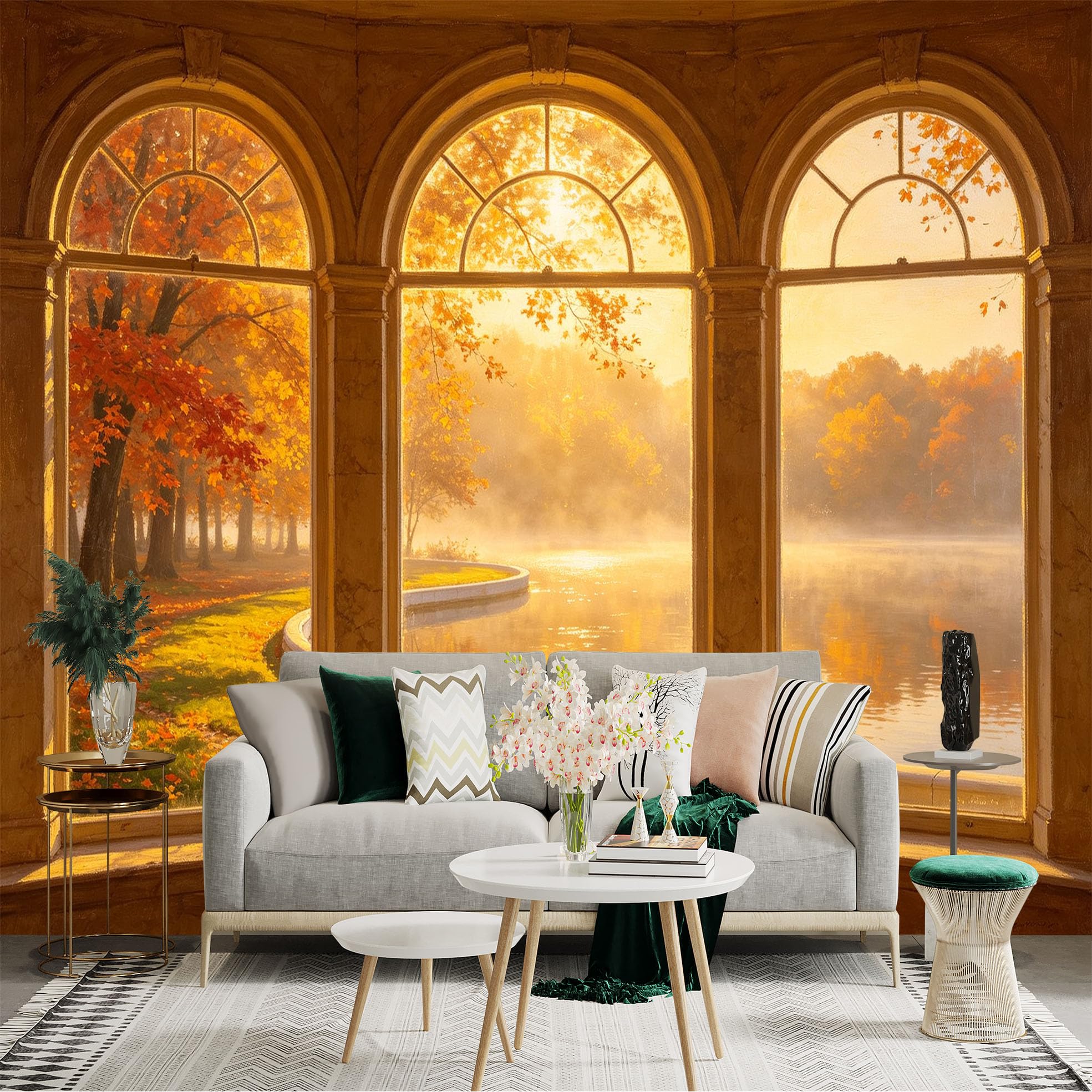 Custom Size Wall Sticker Mural， Autumn Lake View Through Arched Window， Golden Morning Forest Scenery， Warm Sunlight Reflection， for wall Decoration， peelandstick wall Decals.