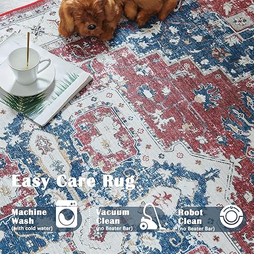 Miniatura 5 de jinchan Alfombra lavable de pelo bajo de 5 x 7 pies, estilo bohemio, tribal para dormitorio, resistente a las manchas, ultrafina, antideslizante,