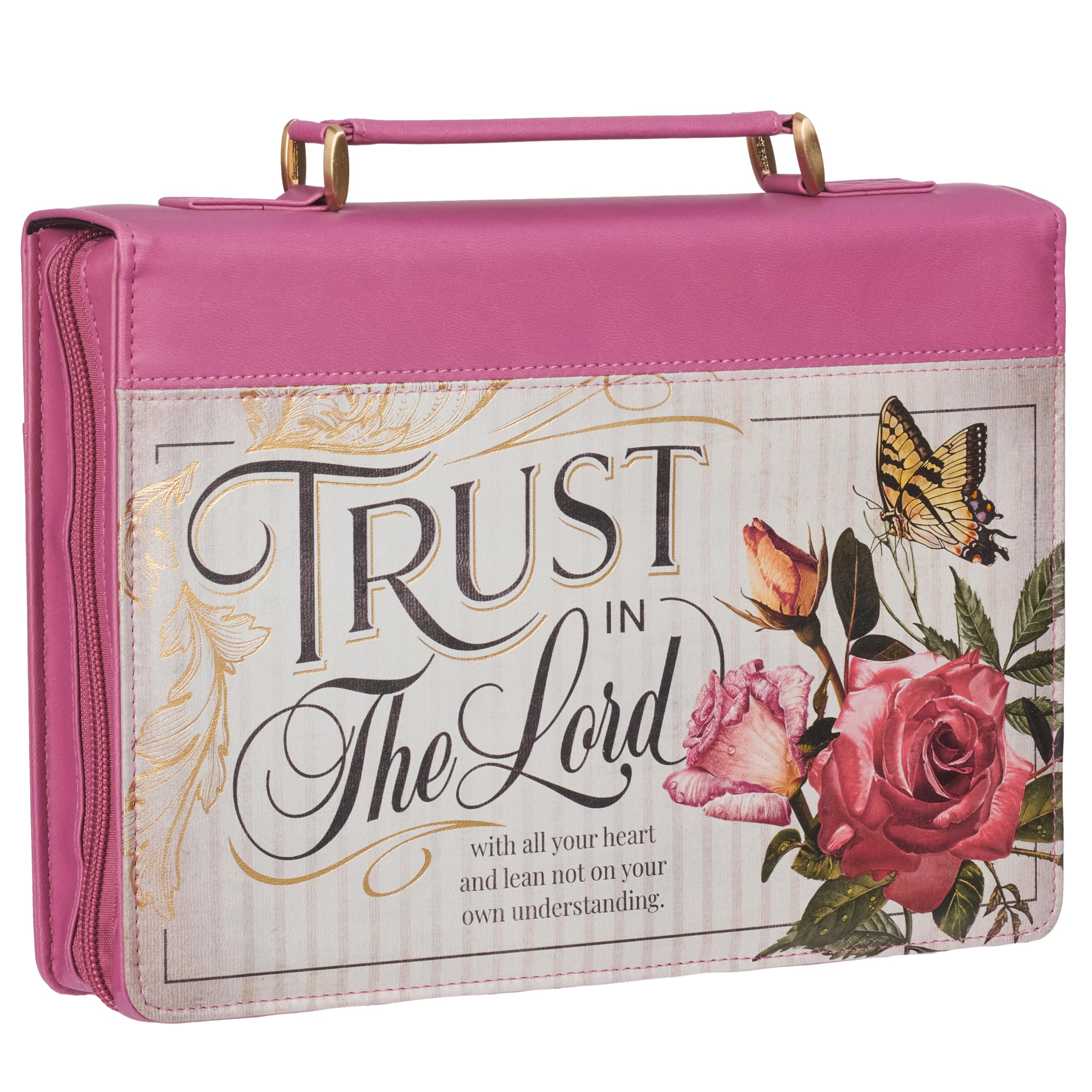 Christian Art Gifts Rose Pink Floral Fashion Bible Cover for Women: Trust in The Lord - Prov. 3:5 Inspirational Scripture Verse, Vintage Vegan Leather Book Carry Case Bag w/Stationery Storage, Medium