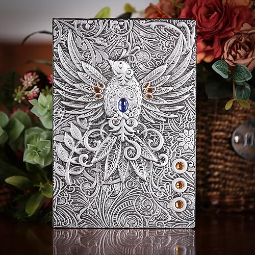 Miniatura 6 de Diario sin forro  Phoenix Silver 3D grabado en relieve de tapa dura, cuaderno de bocetos A5 en blanco con 2 marcadores, 8.4 x 5.7 pulgadas (100