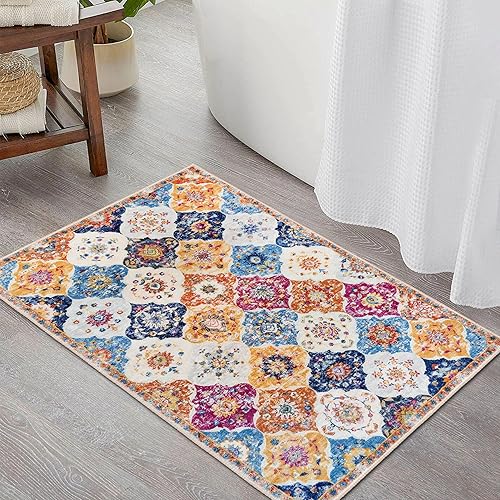 Miniatura 7 de KILOCOCO Alfombra marroquí pequeña de 2 x 3 pies, alfombra de entrada, alfombra floral vintage, lavable, antideslizante, tapete oriental para puerta
