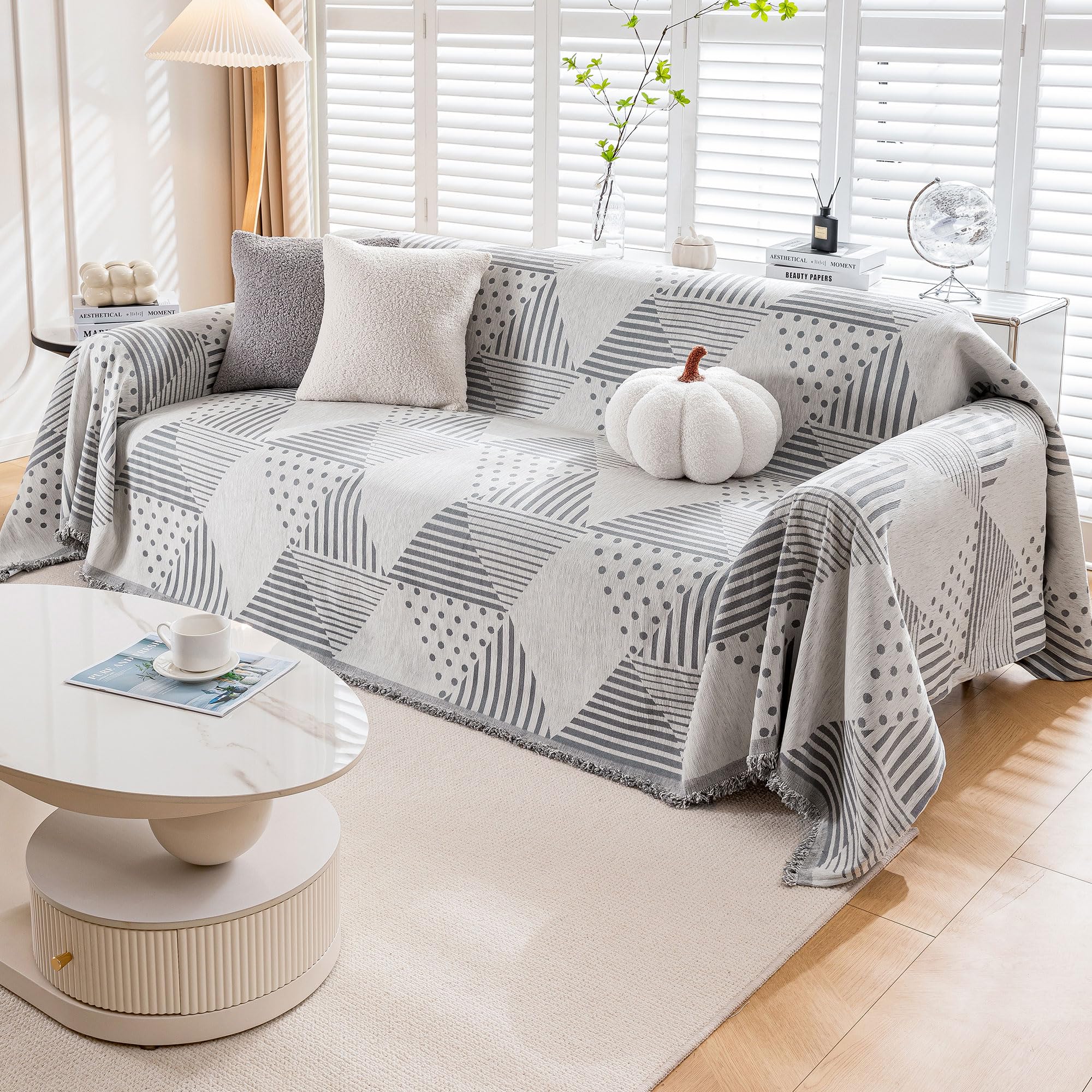 DREAMINGO Grey Geometric Couch Cover for Sofa Sectional Sofa Covers for Dog Pets Furniture Protector Stripe Dot Triangle Chenille Couch Cover for Loveseat Futon Sofa Slipcover Washable,71"x118"