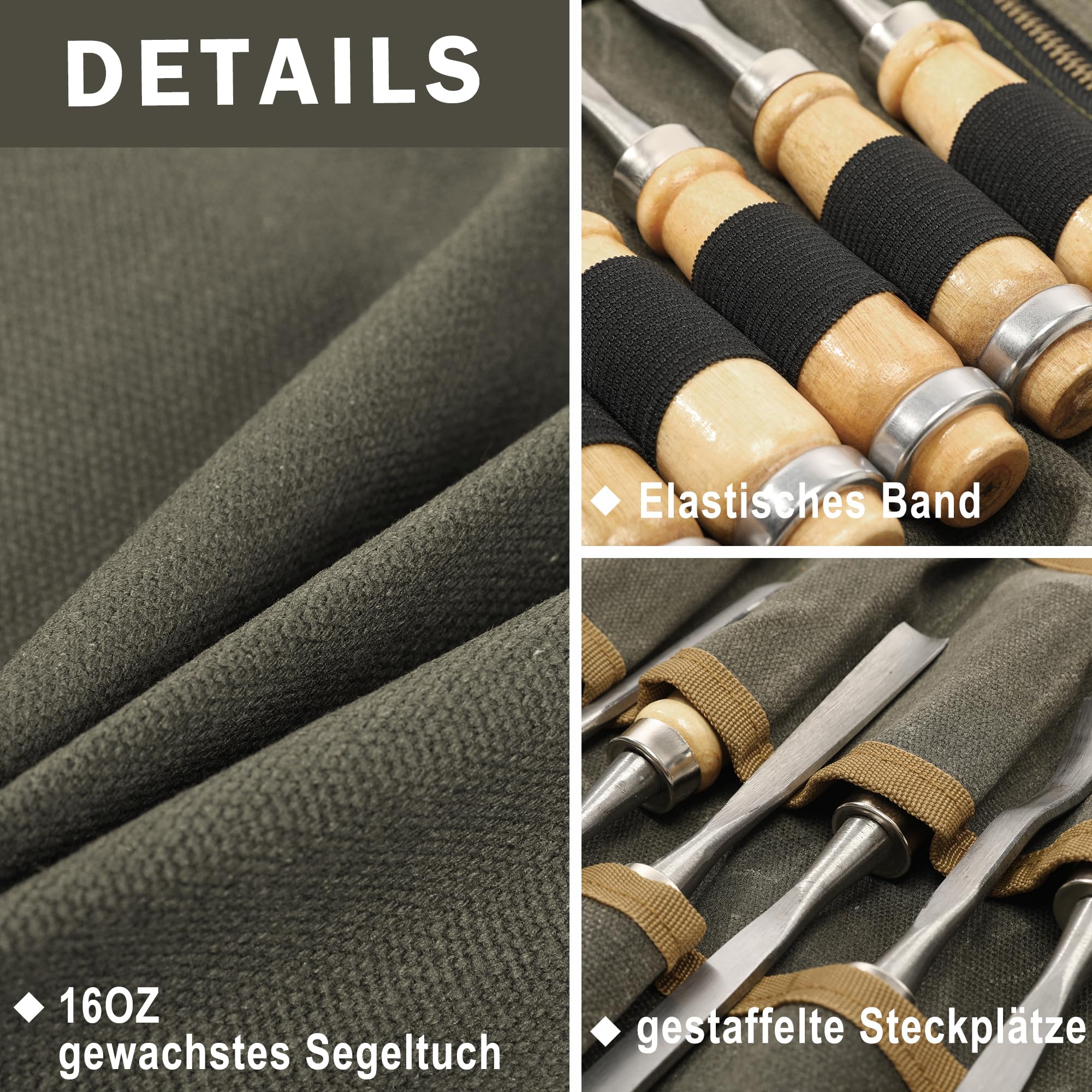 Rullo Per Attrezzi In Tela Cerata Da 16 OZ Con 4 Tasche 1 Rullo Rimovibile E Fibbie Regolabili, Versatile Borsa Per Attrezzi Per Falegnami Meccanici Elettricisti | Kaki - Foto 11