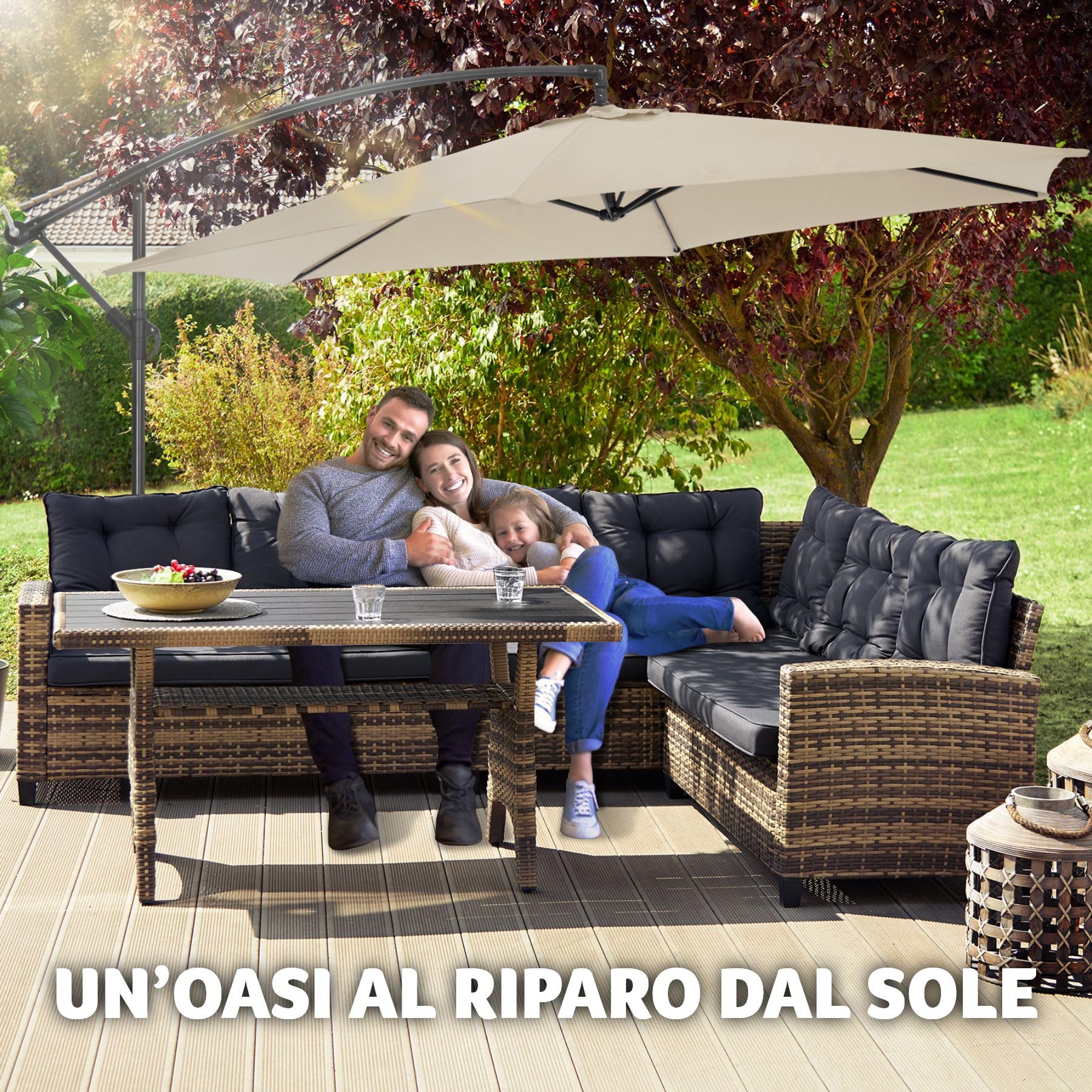 tectake® Ombrellone da Esterno con Robusta Struttura di Sostegno, Inclinabile, Idrorepellente, Resistente ai Raggi UV, Custodia Ombrellone da Giardino Inclusa
