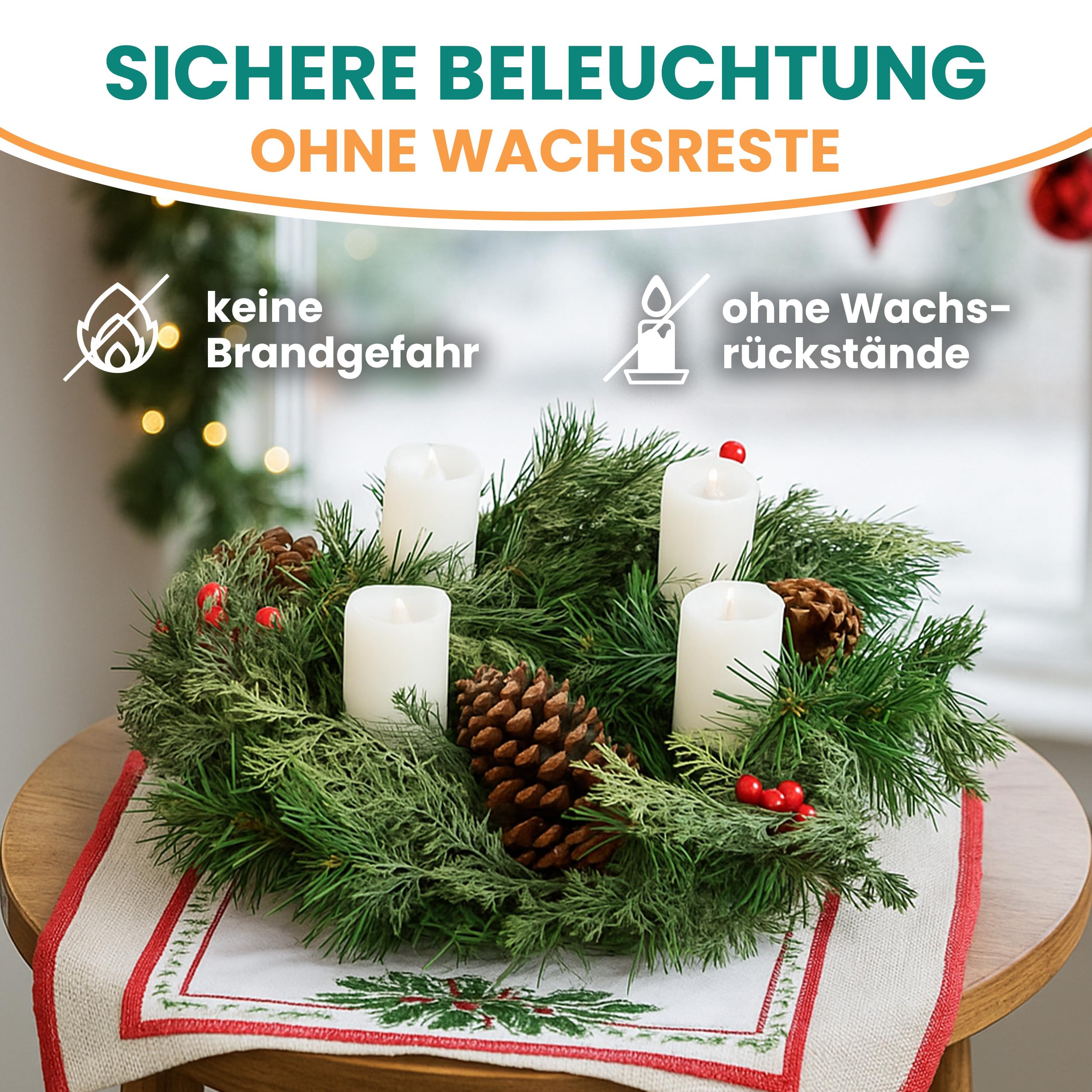 Gartenpirat Künstlicher Weihnachtskranz Ø 40 cm mit 4 LED-Kerzen Adventskranz geschmückt mit Zapfen und roten Beeren