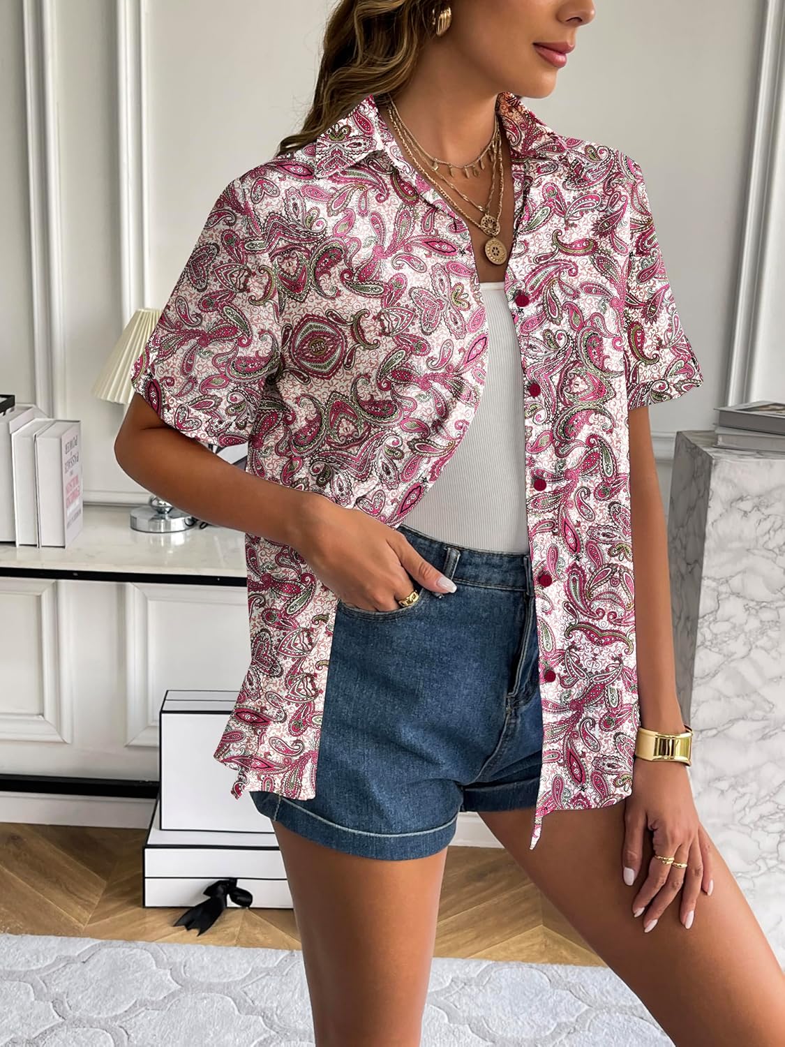 Zeagoo Women Linen Button Down Shirt Rolled Cuffed Short Sleeve Blouse Ladies Summer Casual V Neck Beach Cotton Tops - Image 2