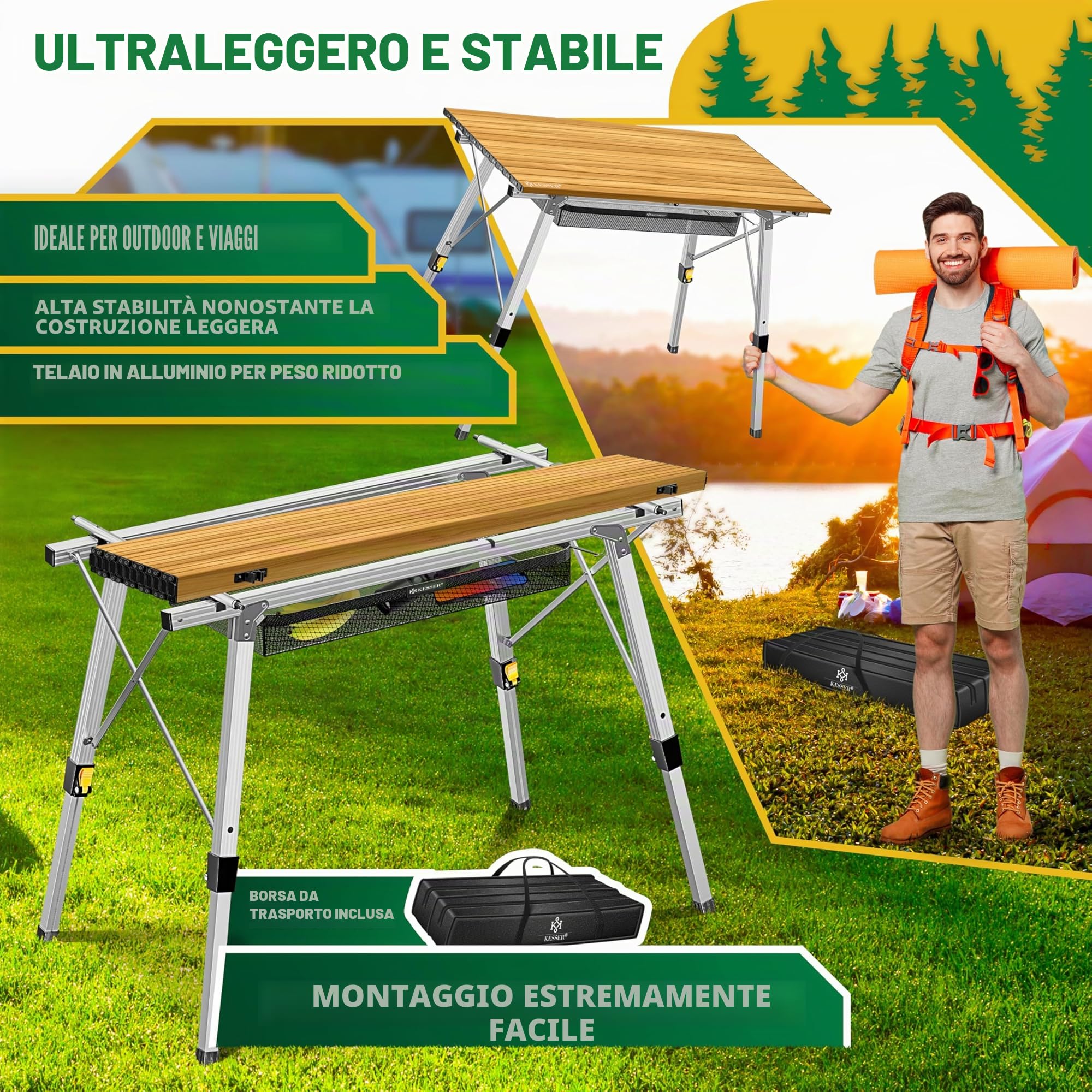 KESSER® Tavolo da Campeggio Pieghevole Tavolo Pieghevole Tavolo da Campeggio con Telaio in Alluminio Piano del Tavolo Arrotolabile Tavolo Pieghevole con Regolazione dell'altezza