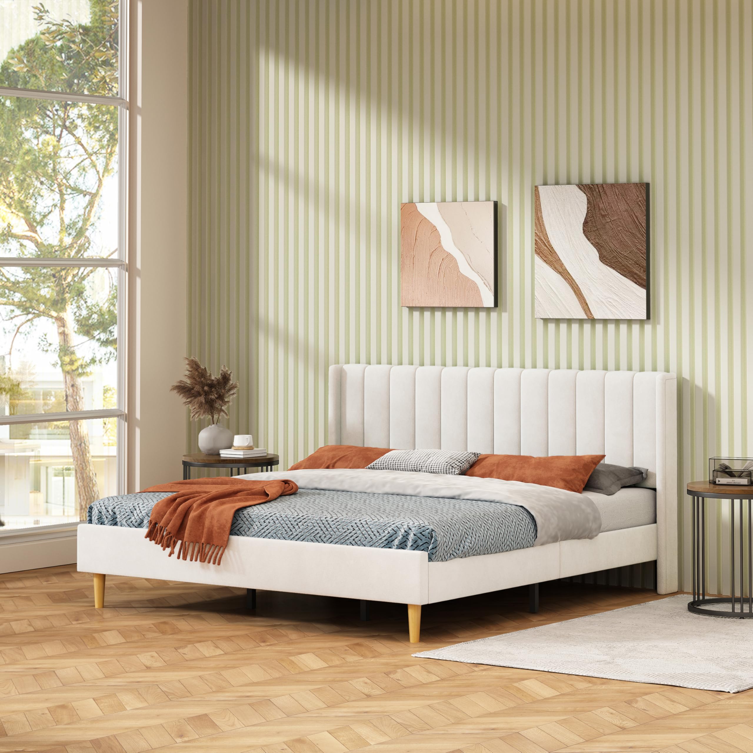 King Size Bed Frame Velvet Upholstered Platform Bed with Vertical Channel Tufted Wingback Headboard Wooden Slats Support No