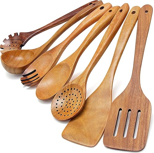 Cucharas de madera para cocinar, juego de utensilios de madera resistentes al calor, utensilios de cocina de madera con espátula de madera para