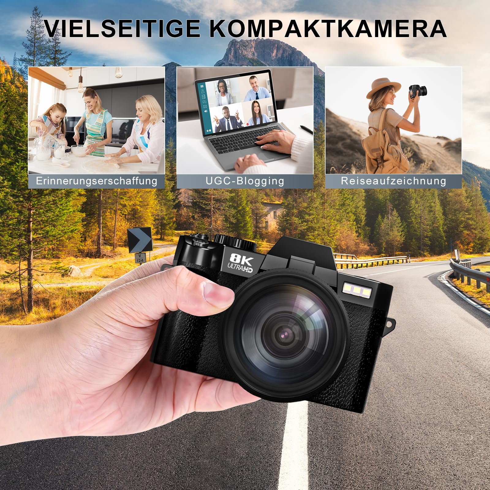 64MP Digitalkamera 8K für Fotografie & Vlogging, 180° Flip Screen Kamera mit WiFi, 16X Zoom, Externes Mikrofon, Weitwinkel- & Makroobjektiv, 2 Akkus & 64GB SD-Karte Komplettset (Classic Schwarz)
