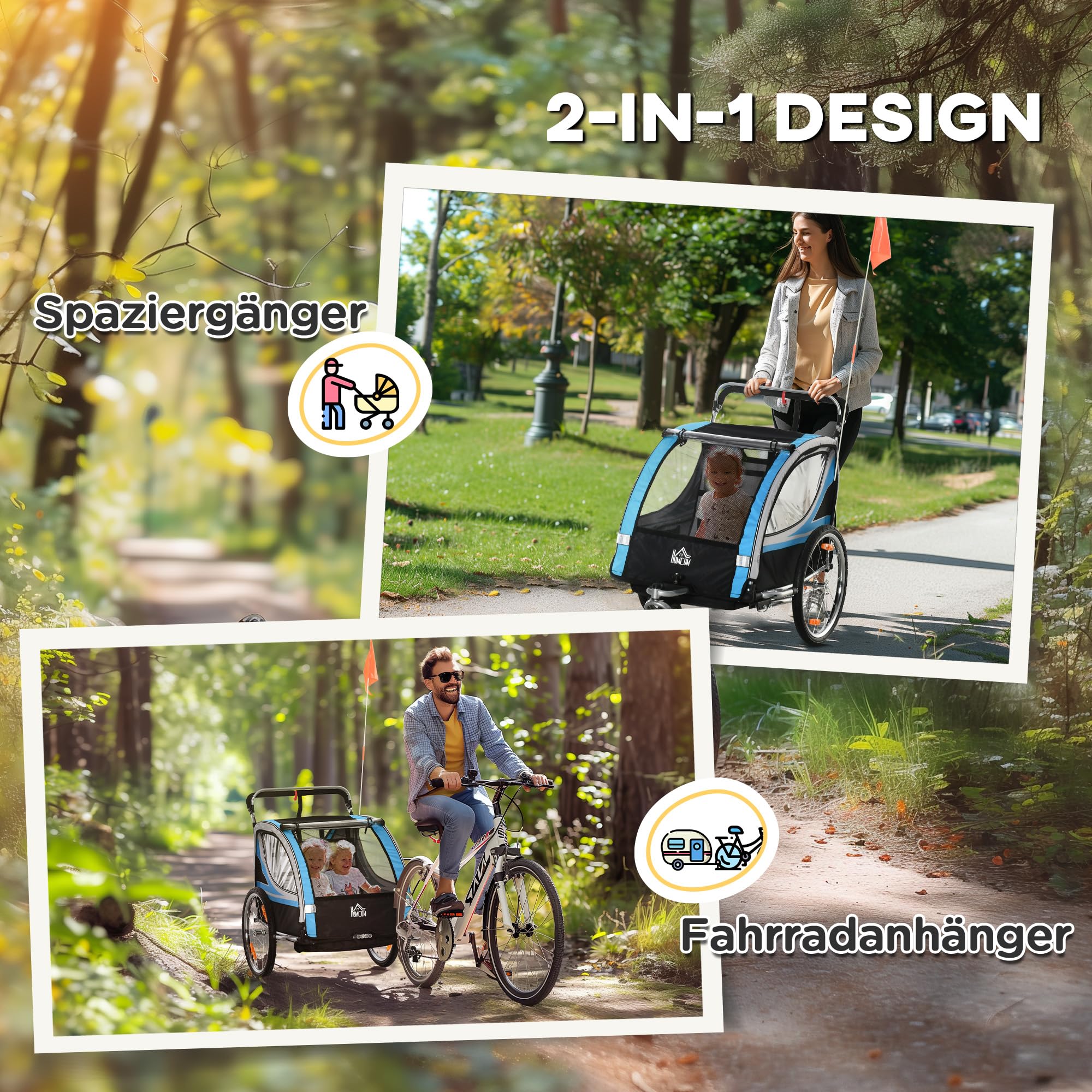 HOMCOM Remorque de vélo pour Enfants 2 en 1, 142 x 75 x 101 cm, Bleu+Noir