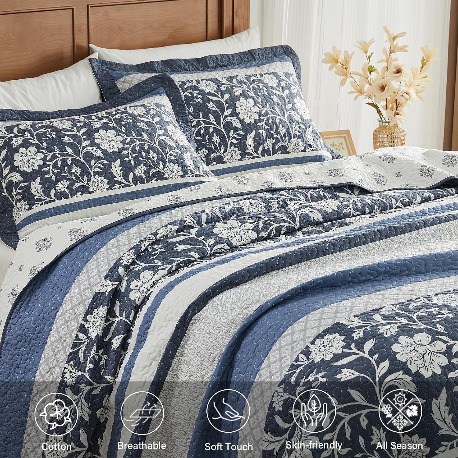 Quilta California King Quilt Set Oversized - Farmhouse Floral Striped Design Oversized King Bedspreads 128x120, 3-Piece 100% Cotton Lightweight Comforter Coverlet Bedding Set, Cal King, Navy/White