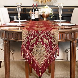 Table Runner with Handmade Tassels, Damask Table Runner for Dining Room/Restaurant/Banquet/Christmas Decoration (33x180cm, Burgundy)Global Recycled StandardGlobal Recycled StandardGlobal Recycled Standard