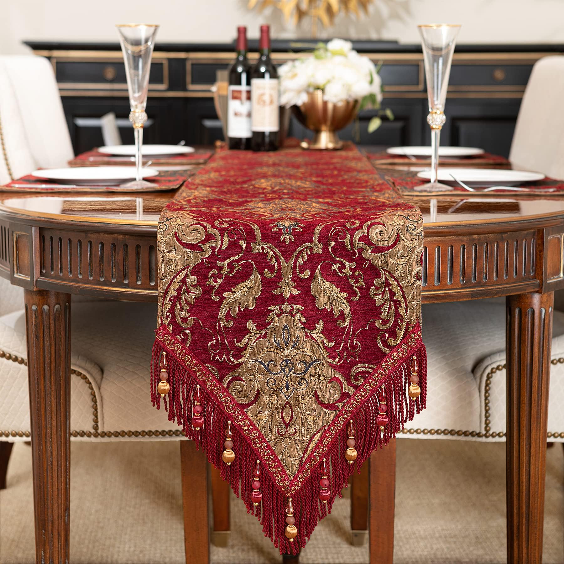 TOPLUXE Table Runner with Handmade Tassels, Table Decoration for Dining Room/Restaurant/Banquet/Festival 33x274cm (Burgundy)