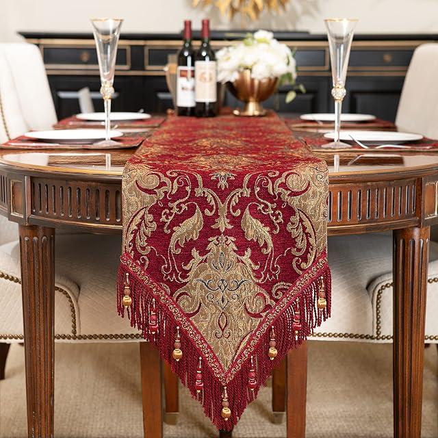 TOPLUXE Table Runner with Handmade Tassels, Damask Table Runner for Dining Room/Restaurant/Banquet/Christmas Decoration (33x180cm, Burgundy)