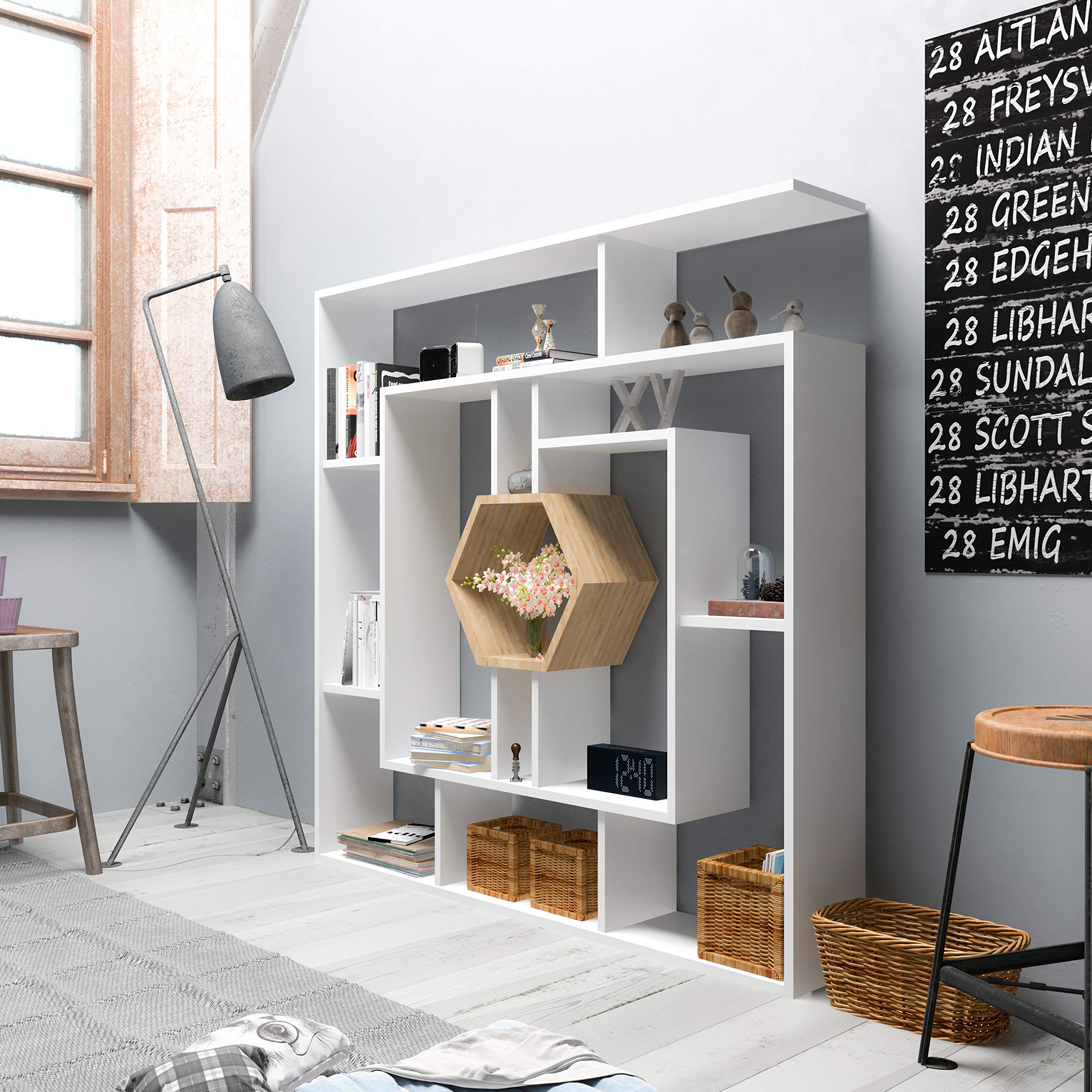 DECOROTIKA 53" Labirina Geometric Bookcase for Home & Office (White and Sapphire Oak)