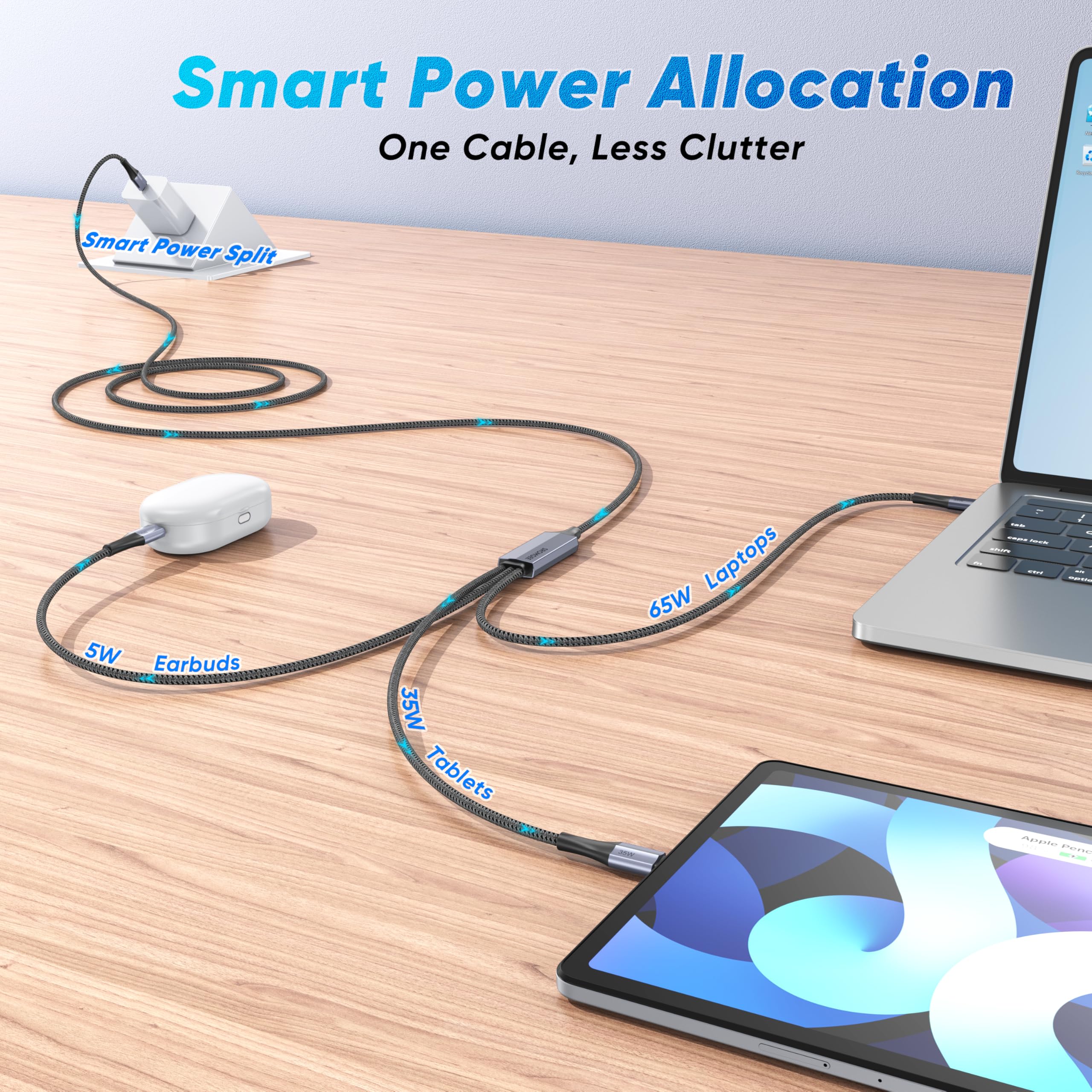 Multi 3 in 1 USB-C Ladekabel, USB C Splitter Kabel 1.5M, Triple Port 100W PD Schnellladekabel mit Nylon geflochtenem USB C auf Typc C Kompatibel mit iPhone 16 15, Samsung Galaxy, iPad, Tablets