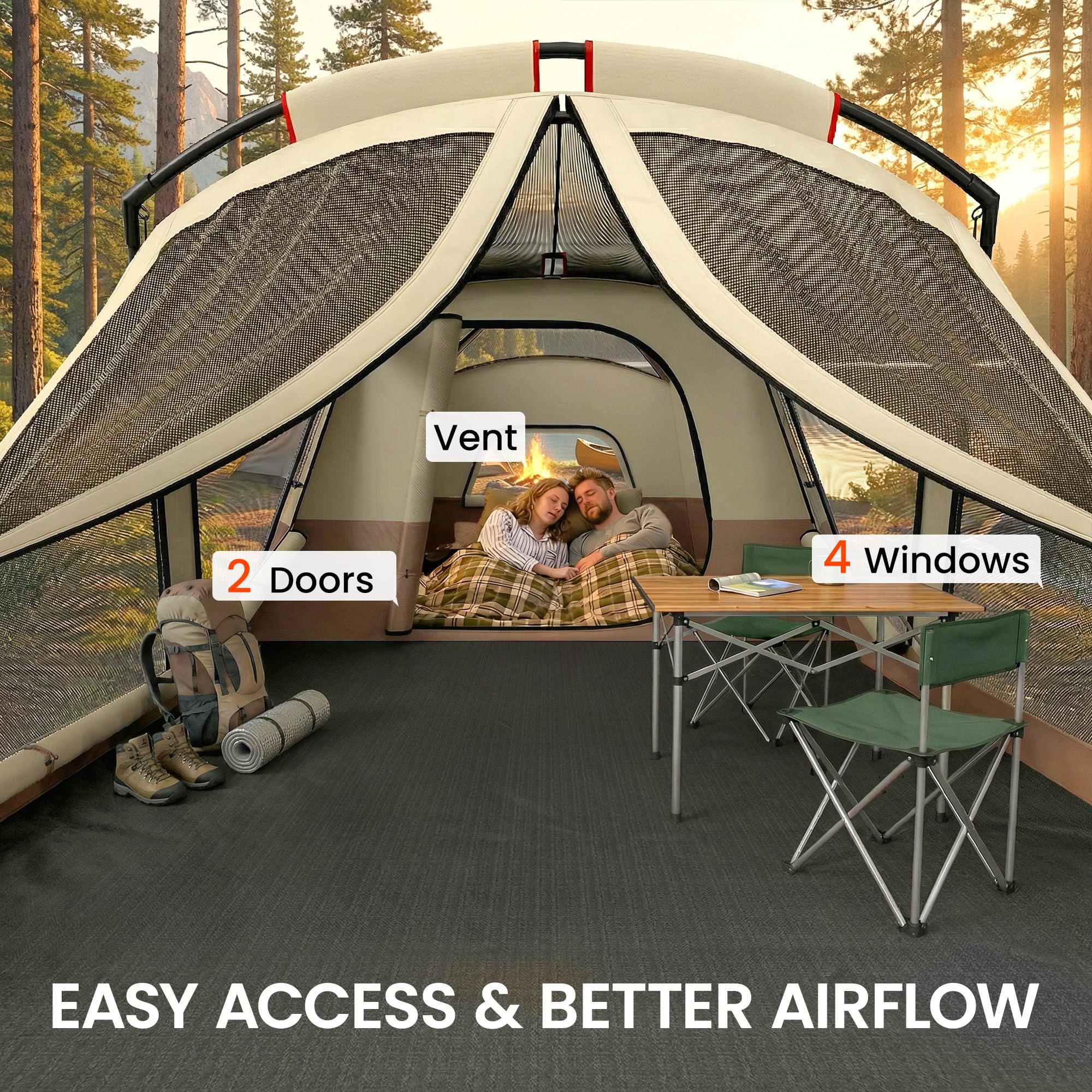 Outsunny Familien-Campingzelt für 4 Personen, mit 2 Räumen, wasserdichtes Tunnelzelt mit eingenähter Bodenplane, Türen, Fenstern, Oberlichtern und Tragetasche, Braun & Khaki