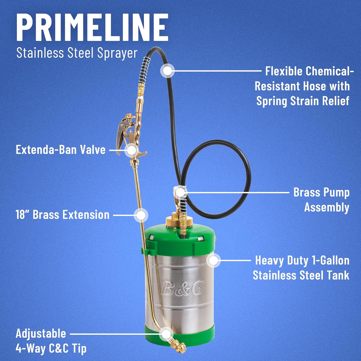B&G - Primeline 1 Gallon Stainless Steel Sprayer (N124-CC-18 Green) - Extenda-Ban Valve - 18" Brass Extension - 4-Way Crack & Crevice Tip - Durable, Precise, Field Repairable