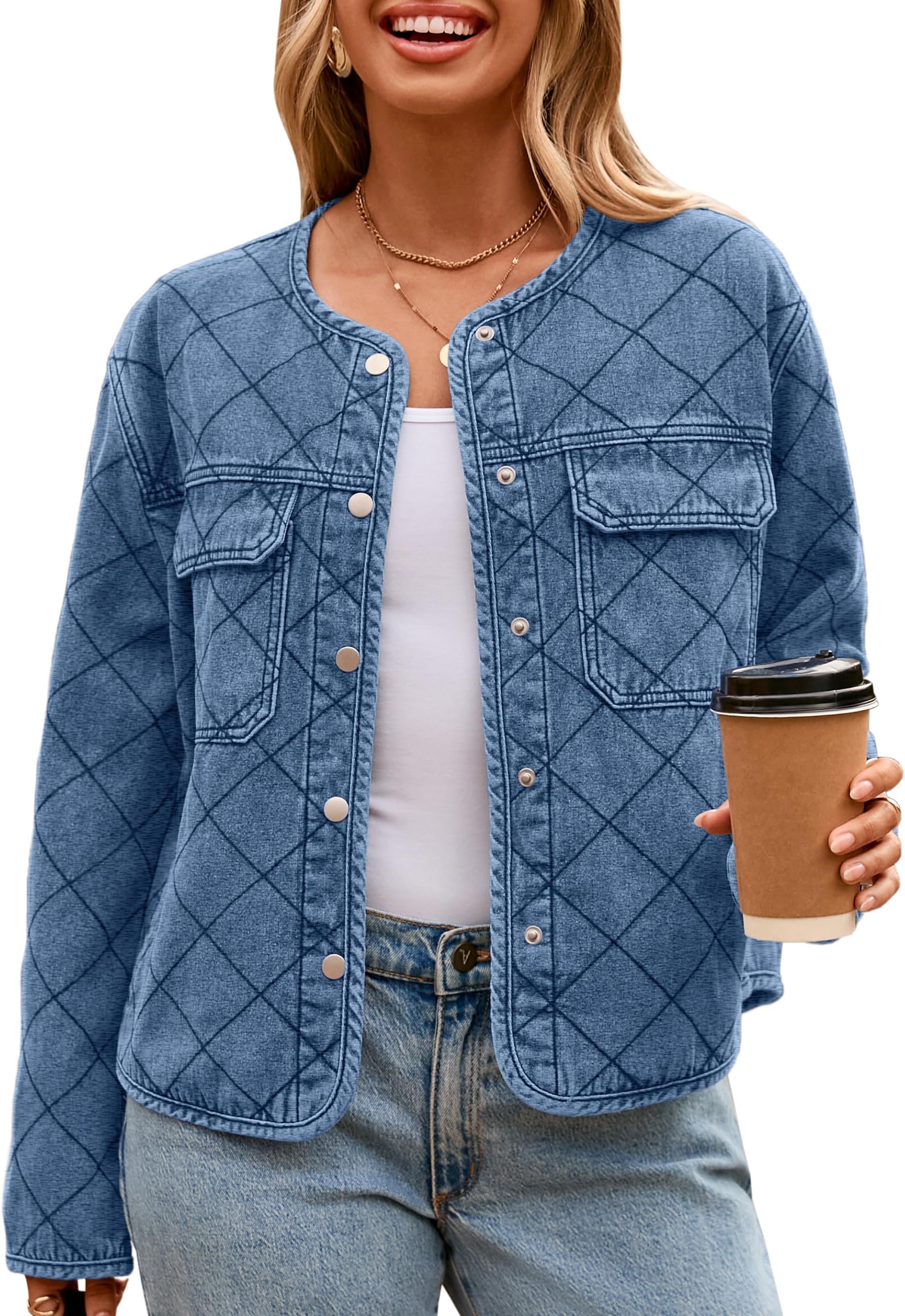 Jean Jacket Women Denim Long Sleeve Button Down Diamond Quilted Lightweight Jackets Fall Winter Shacket Coats