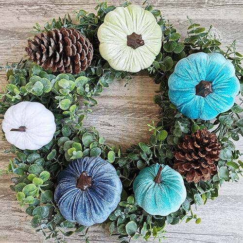 Vista 8 de Juego de 16 calabazas de terciopelo sintético surtidas, decorativas, color verde azulado, verde, gris, marfil, calabazas de espuma de tela