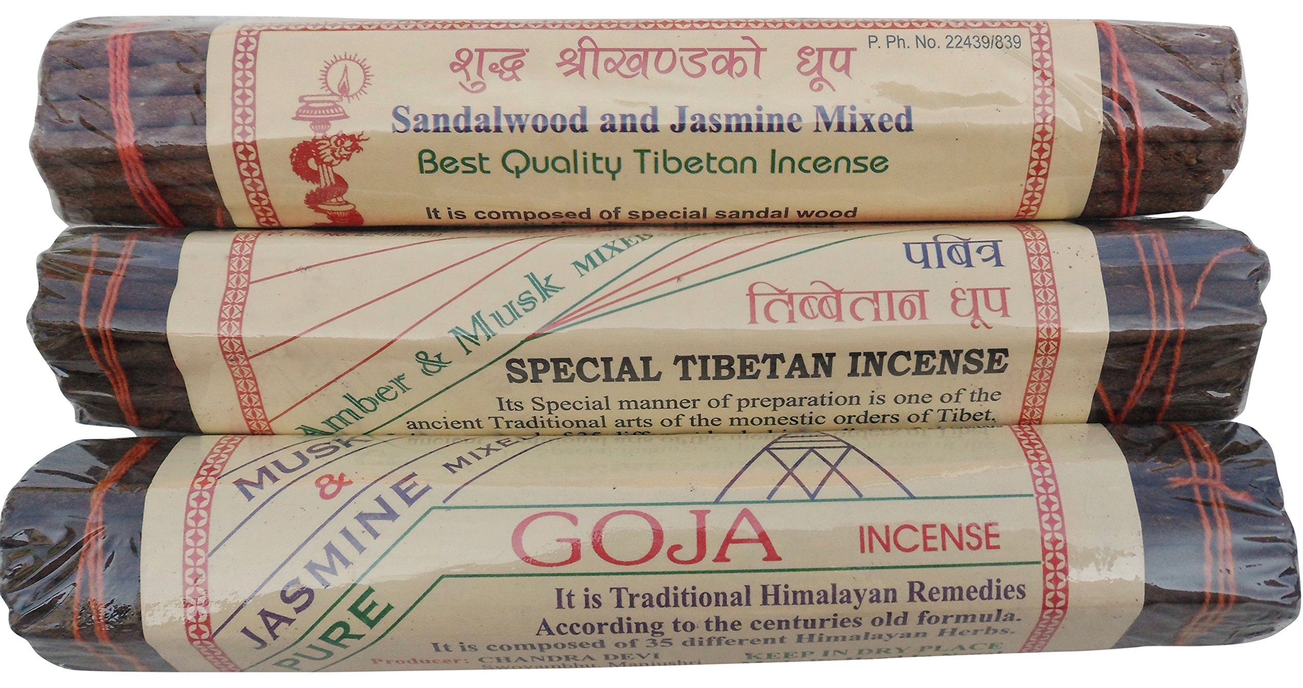 Pack of 3 Nepalese Herbal Incense Lord Buddha Goja Natural Herbal Sandalwood & Jasmine Amber & Musk Snow Lion (San/Jas & Amb/Musk & Goja)